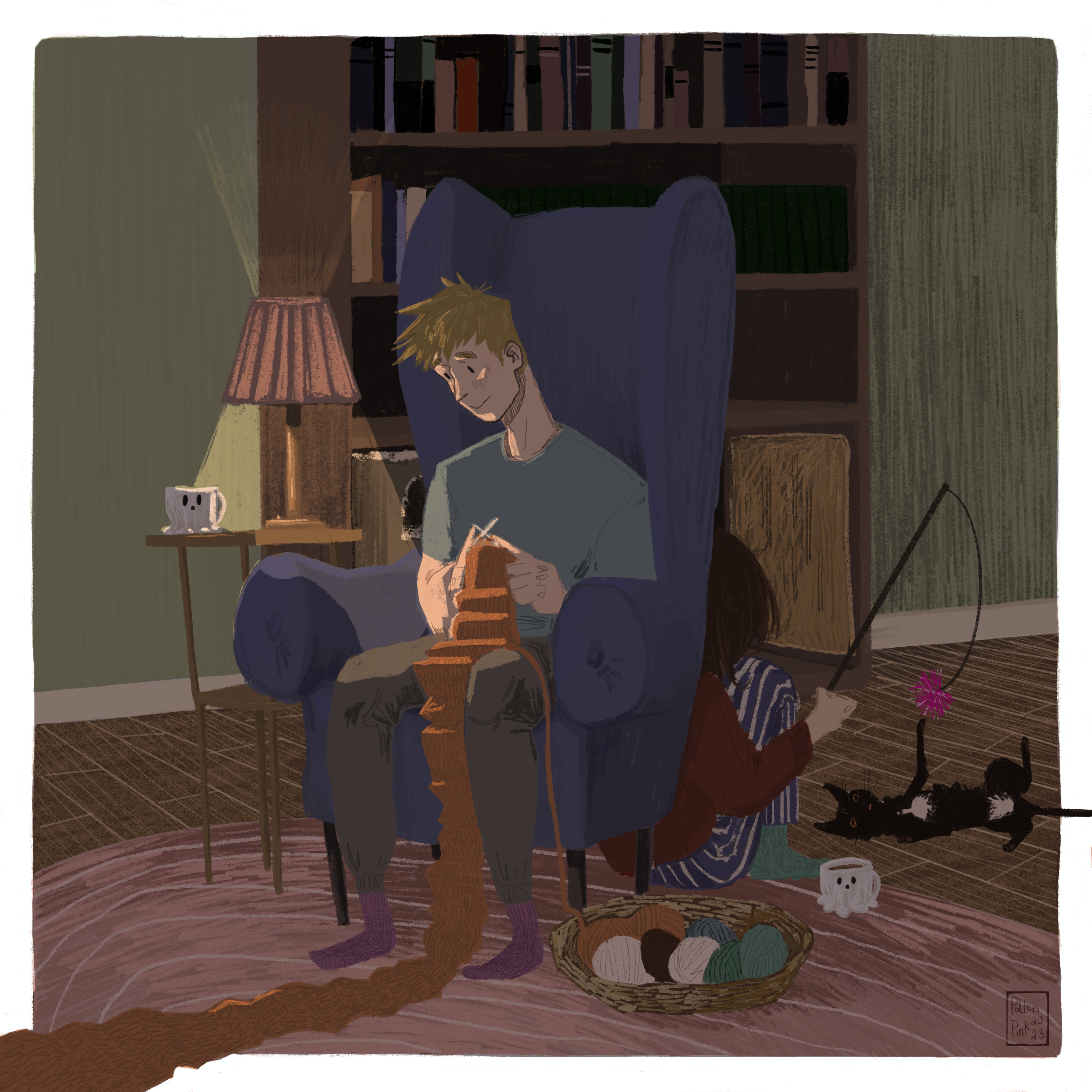 Steve sits in his large blue wingback chair, knitting under lamplight. Tucked behind the chair with his back to the viewer, Bucky, I mean, the ghost, plays with Alpine. 