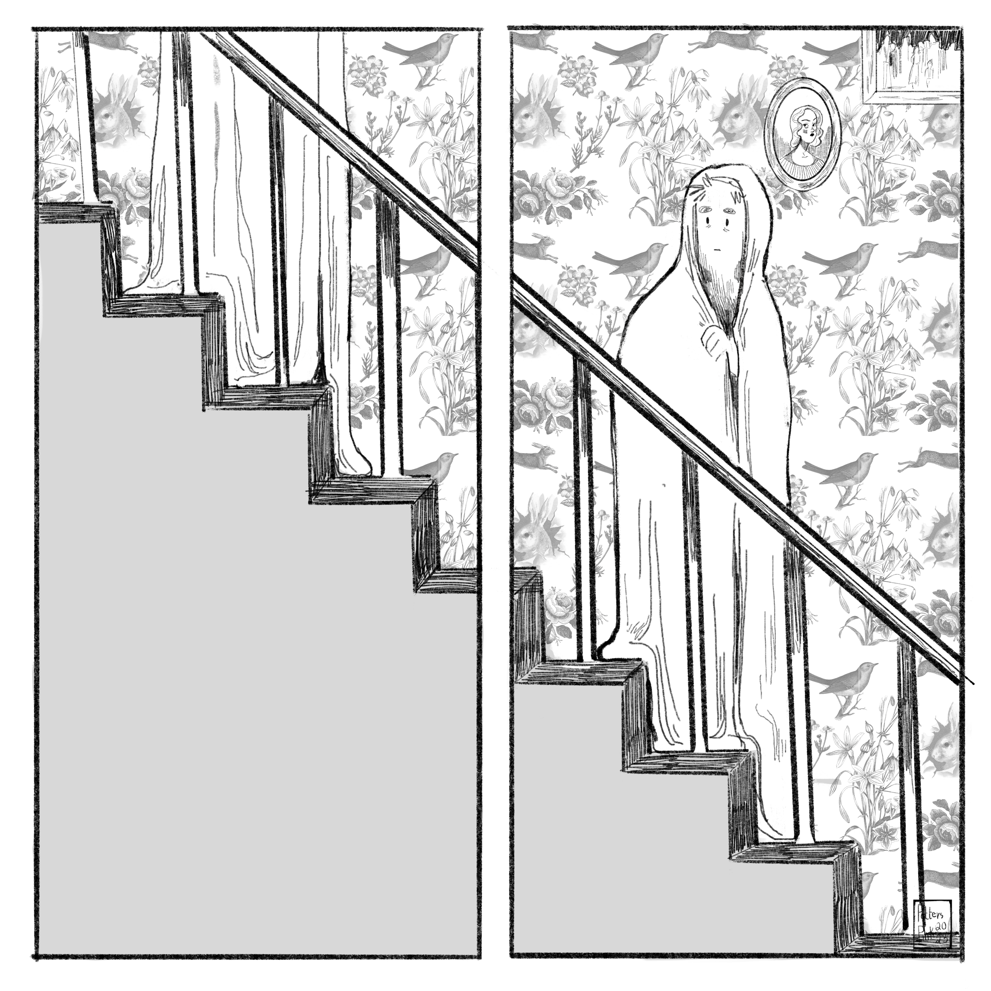 Steve goes down the stairs, peeking out of the hole in his blanket cape. 