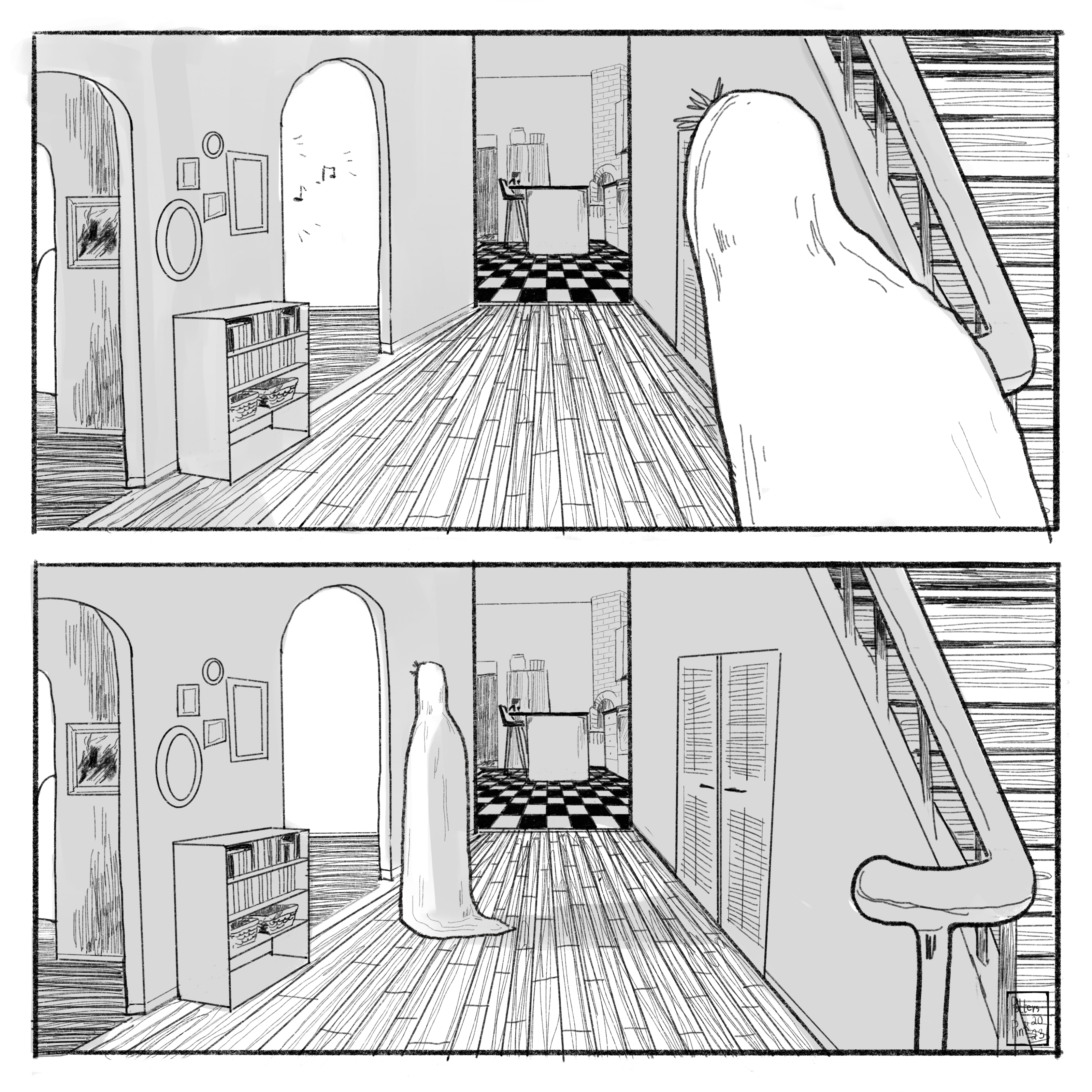 He follows the sound of music coming from the living room, looking like a ghost as he walks through the halls.