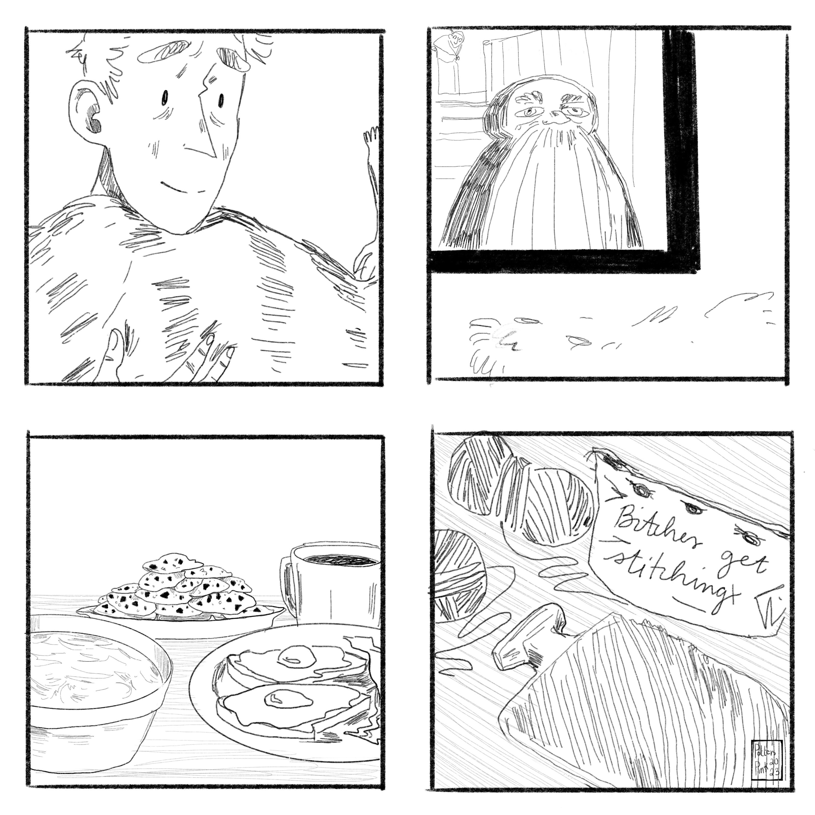 Steve looks over everything that Bucky set out for him. There are all of Steve's favourite foods, his knitting project, and some hot water bottles. Steve smiles softly, although he still feels exhausted. 