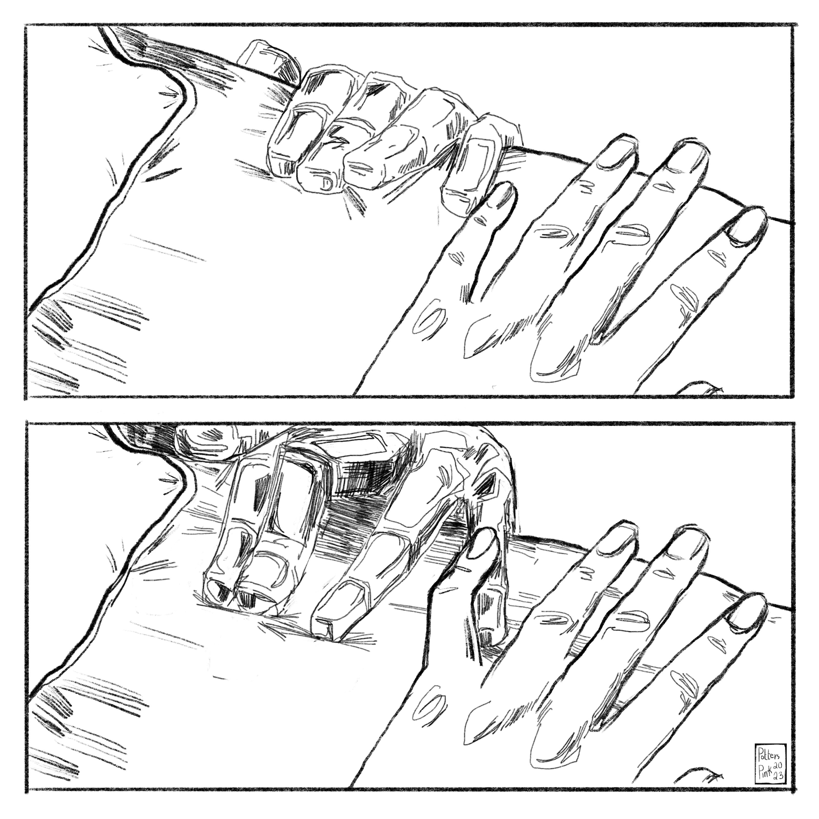 Bucky's metal hand reaches over the edge of the couch. He carefully touches his pinky finger to Steve's.
