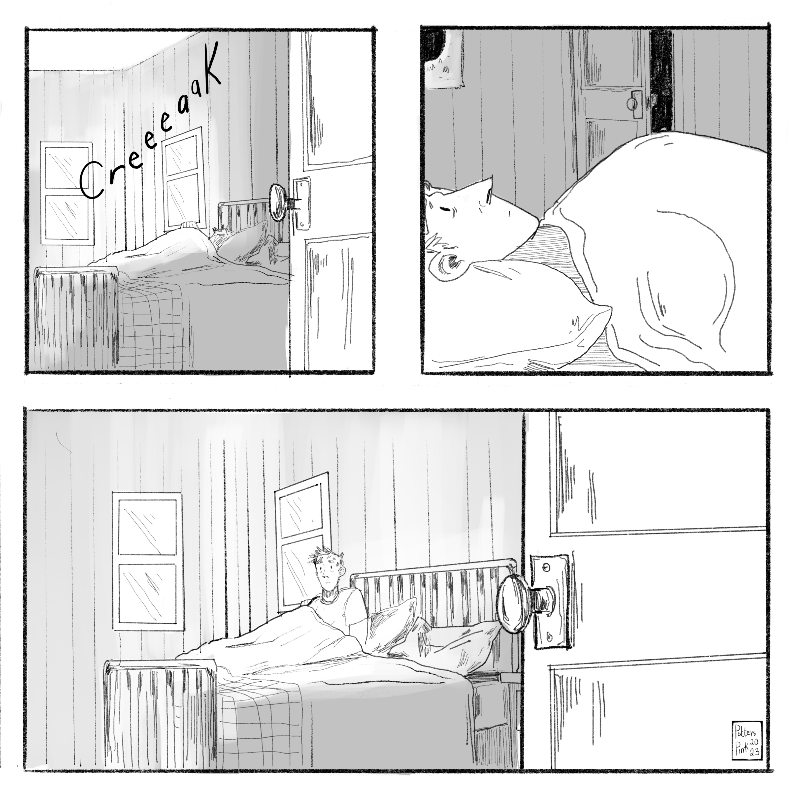 Steve's bedroom door creaks open. Steve peeks over his shoulder to see what it was. 