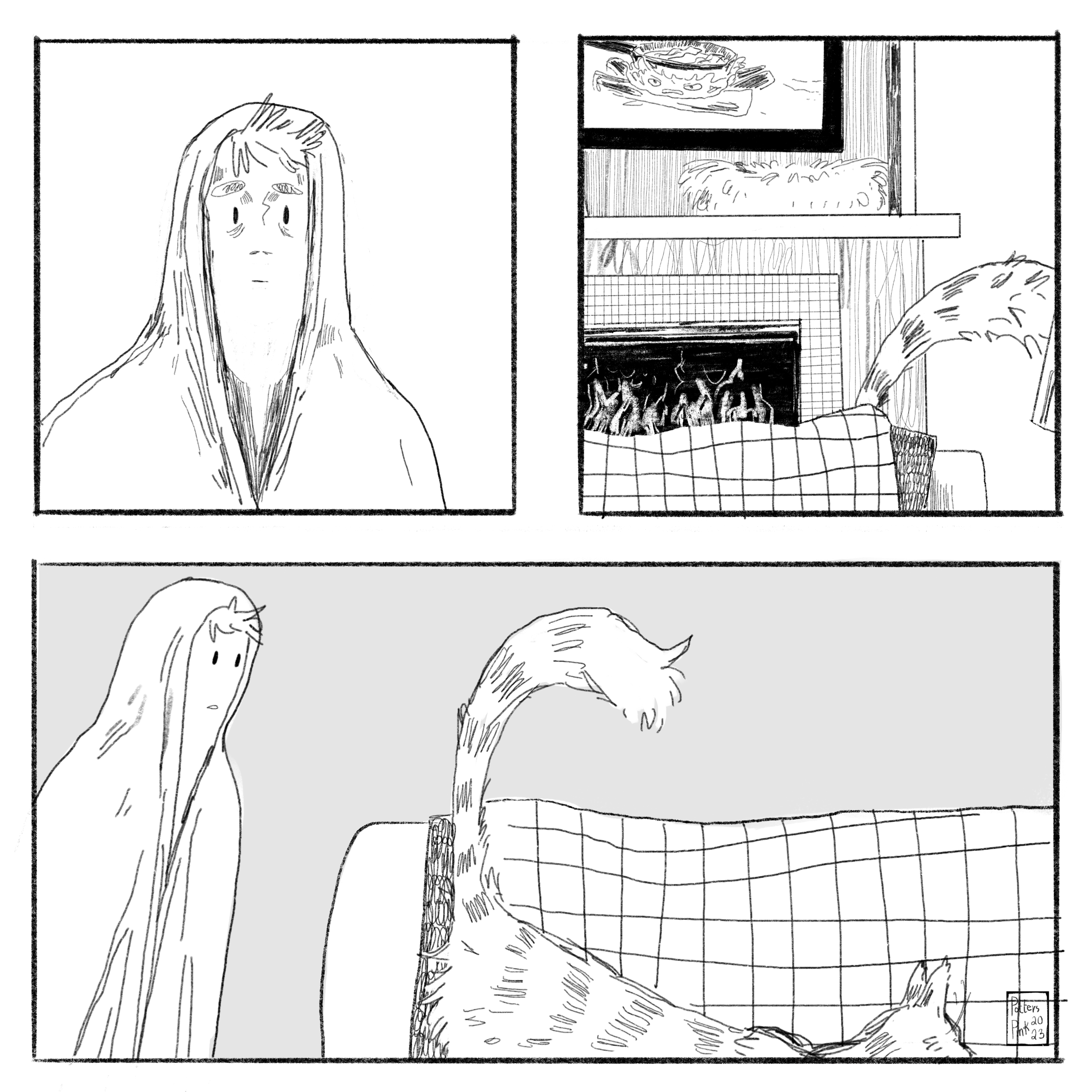 In the livingroom, the tv is on and Howl's Moving Castle is playing. He can see the tip of a cat tail over the back of the couch. He doesn't recognise it. 