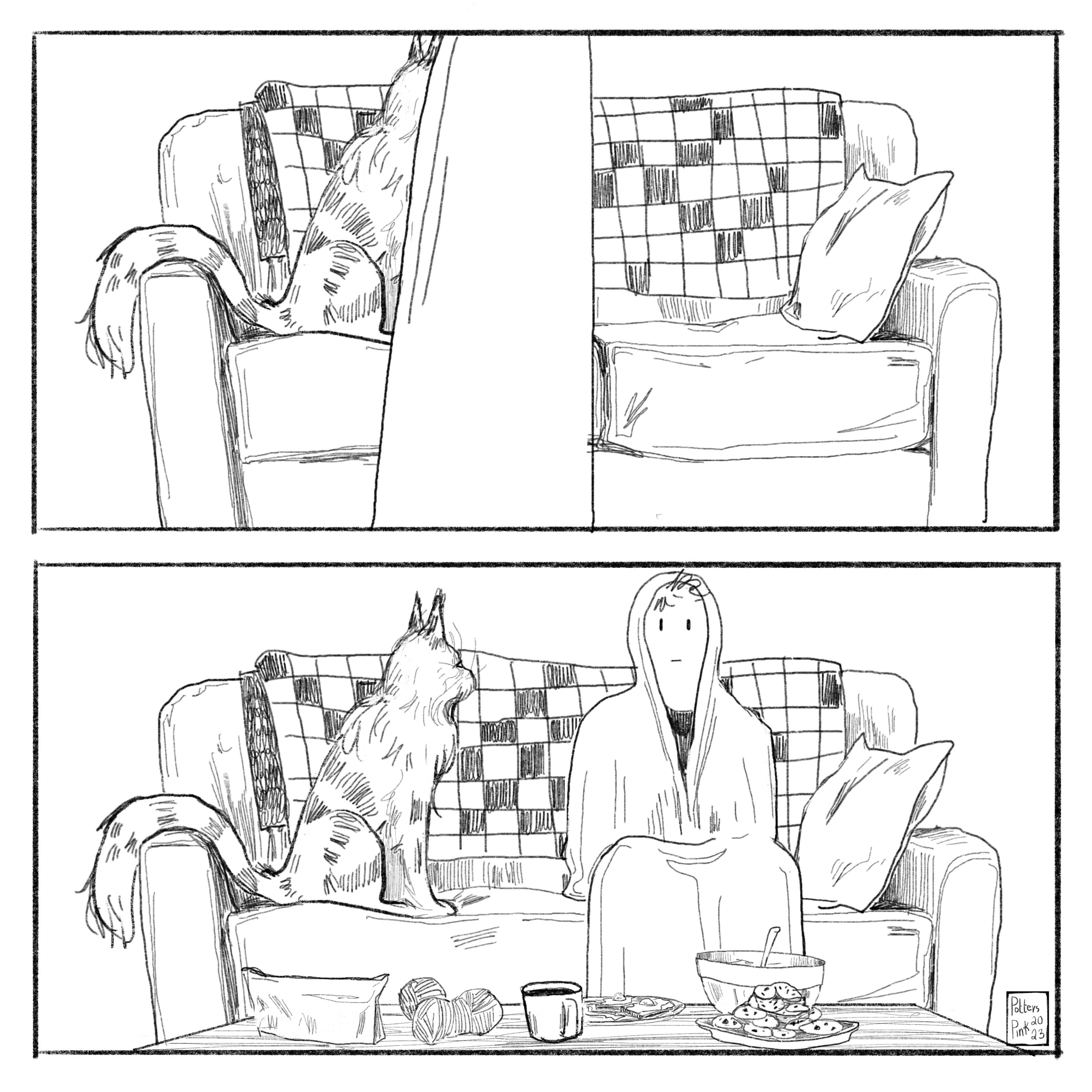 It's the biggest cat Steve has ever seen. She is stretching luxuriously, and Steve goes to sit beside her. They are the same height sitting down. 