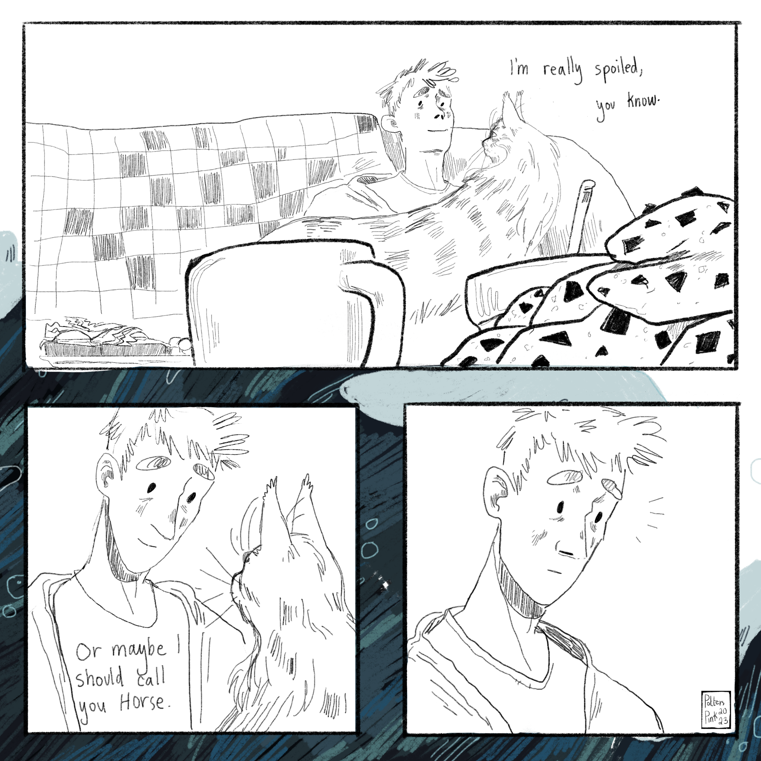 Steve tells Smaug, "I'm really spoiled, you know." And then wonders if he should call her Horse, instead, because of her size. Suddenly, Steve feels something move on the couch beside him and looks down. 