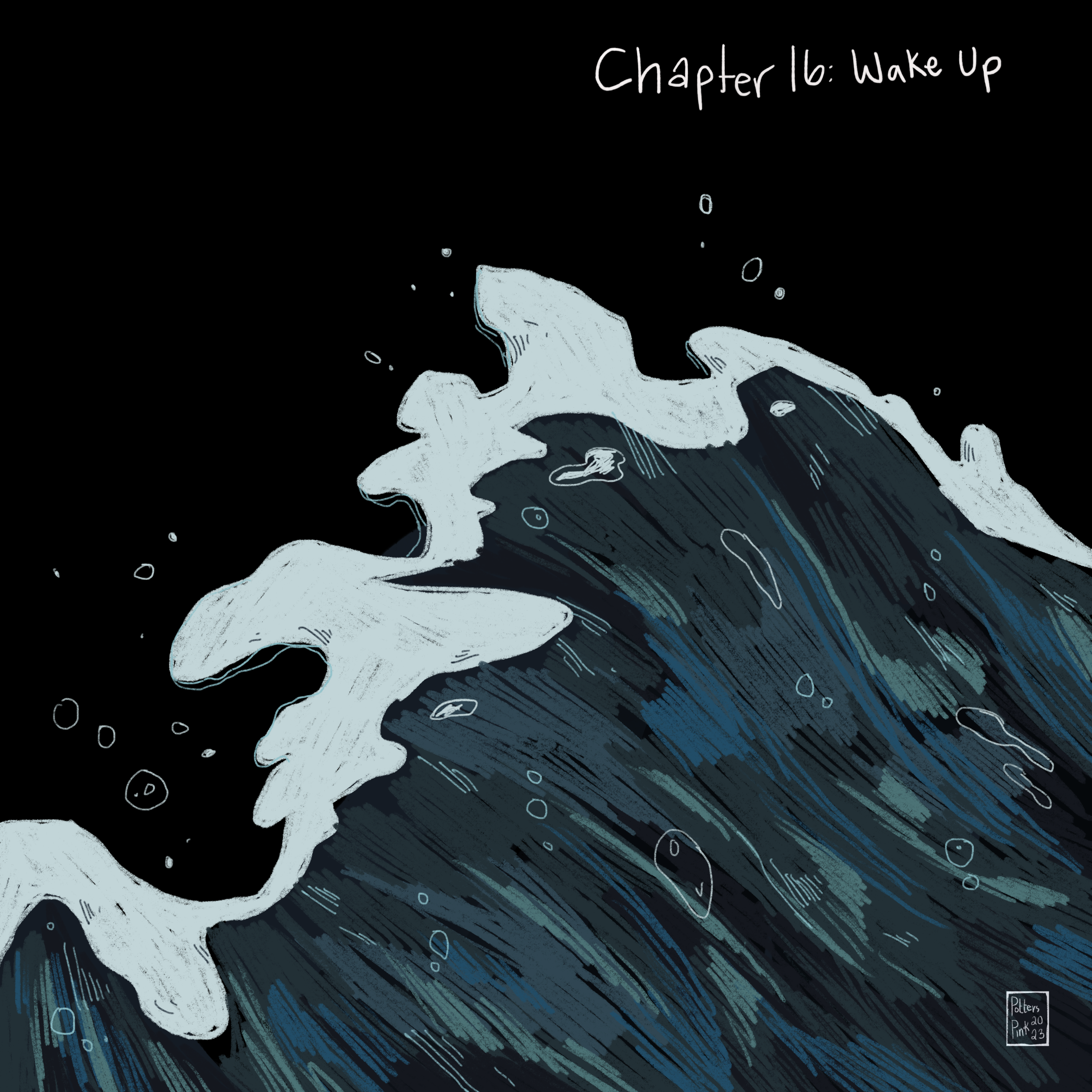 A blue, green, and grey wave over a black background. Chapter 16: wake up