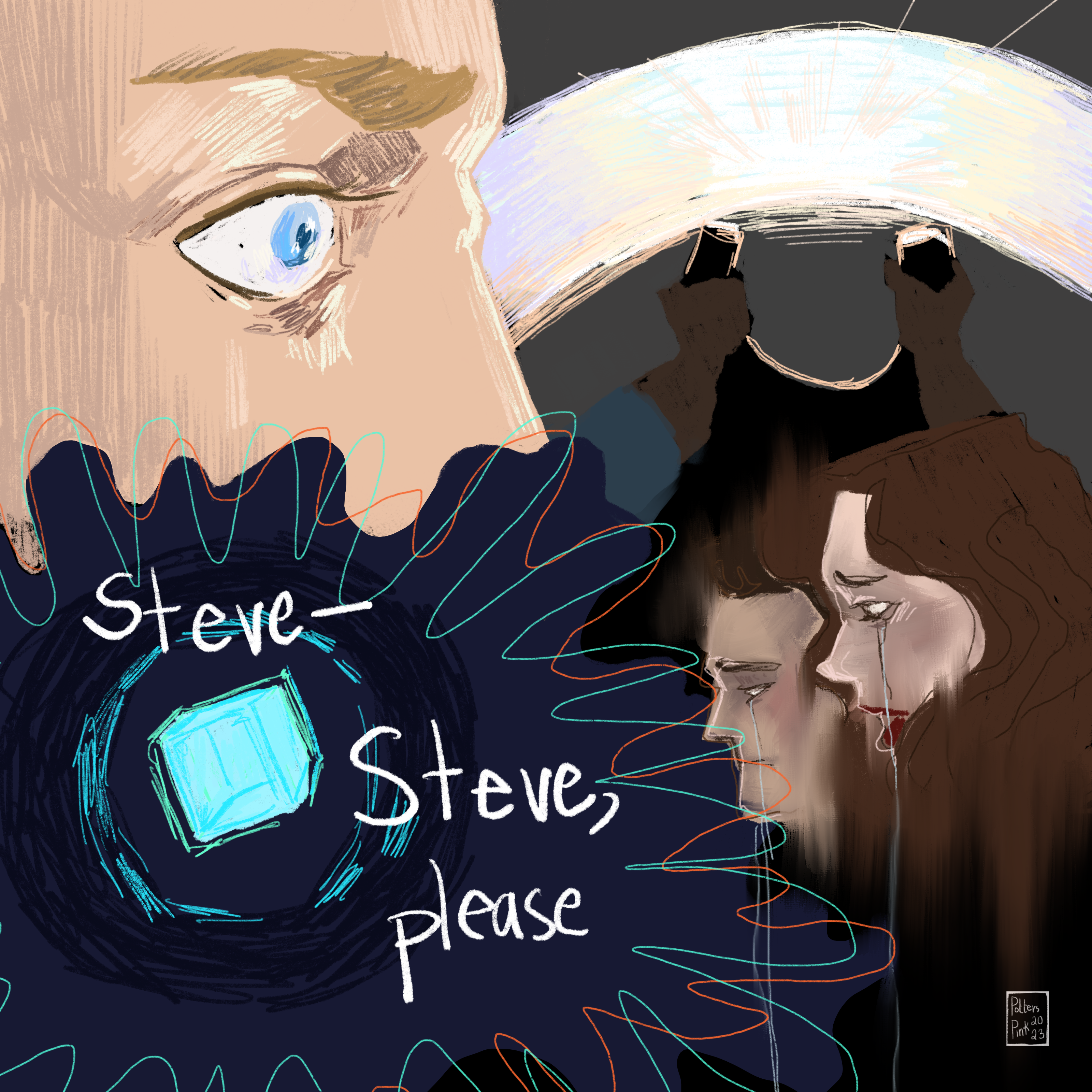 Steve is flying the Valkyrie over the ocean; he can hear Peggy and Bucky both asking him to stop. The sun is rising over the water. 