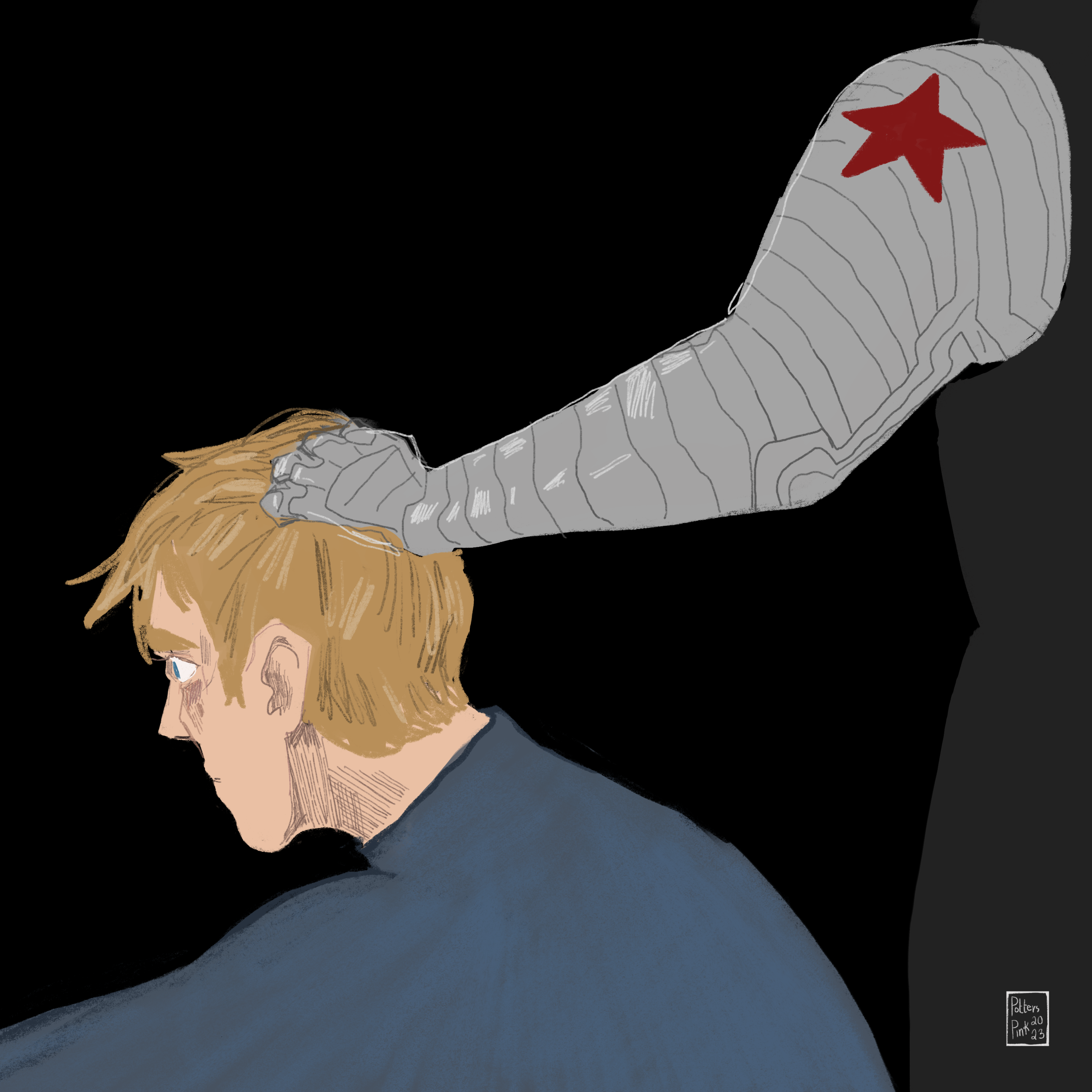The Winter Soldier picks Steve up by the hair.