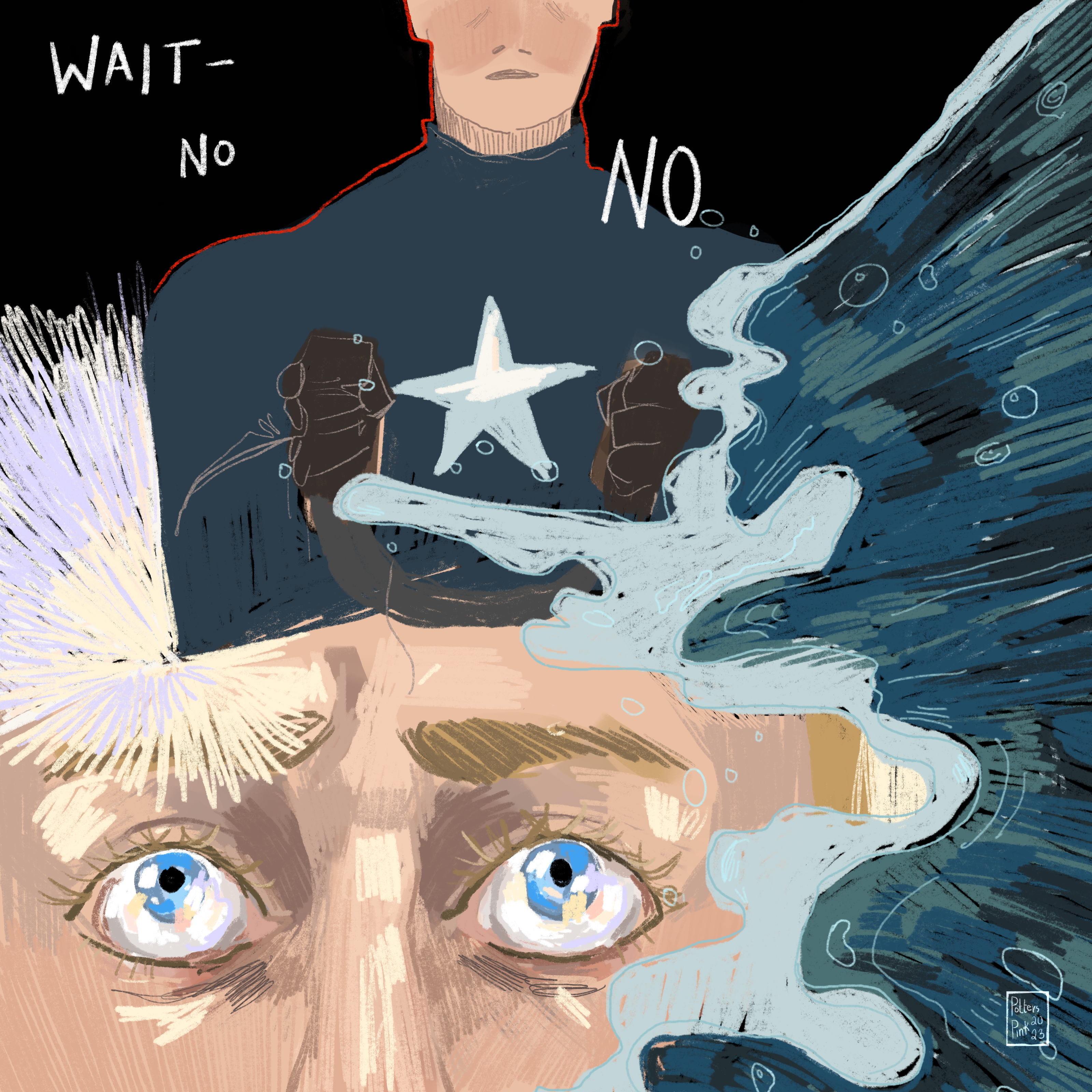 Steve is getting closer to the water. The waves are coming up to meet him. 