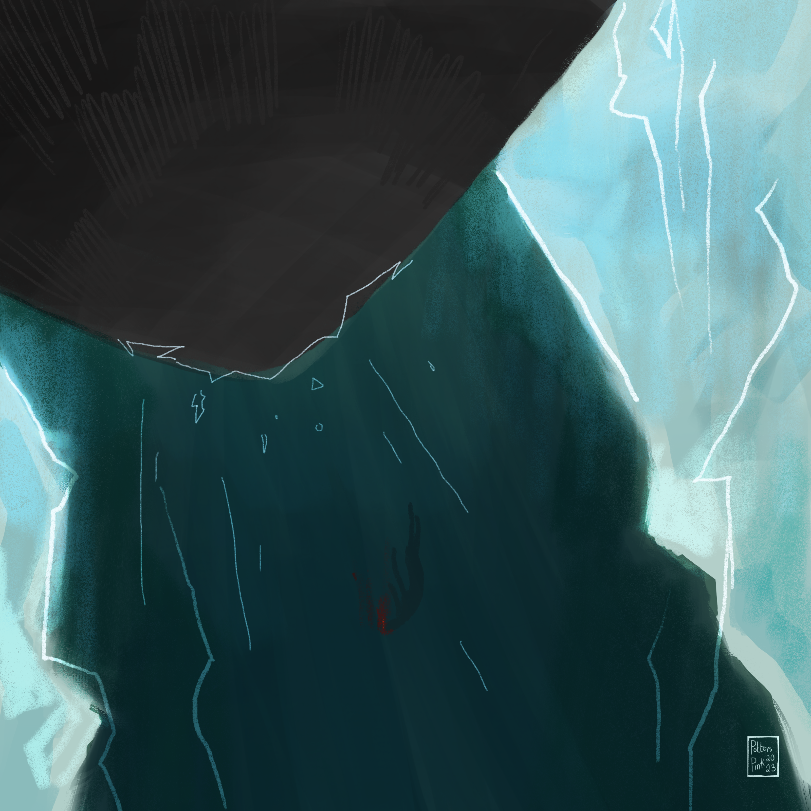 Steve floats in the water, bleeding out. He knows that he will drown. 