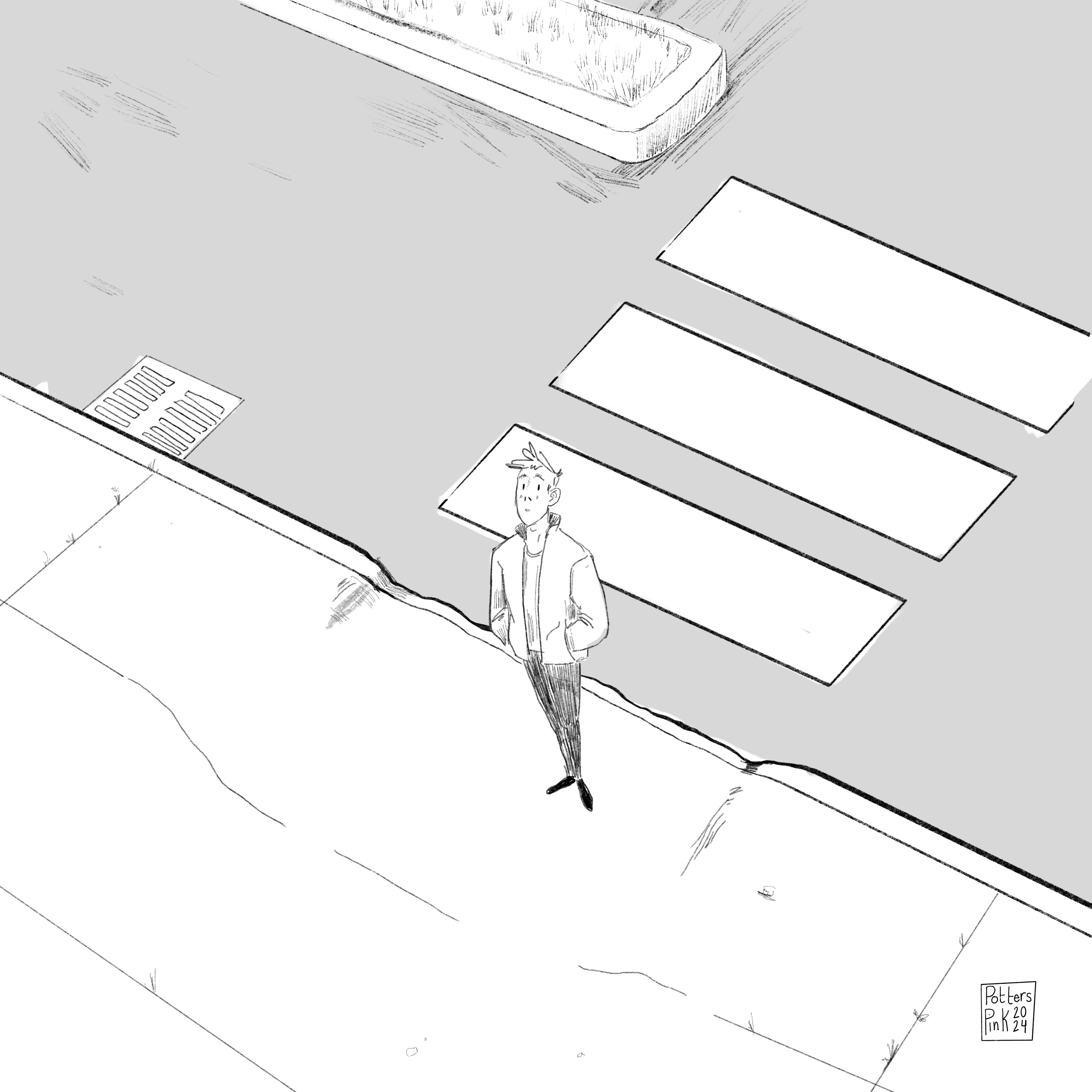 Steve stands on the sidewalk, looking up at the storefront. 