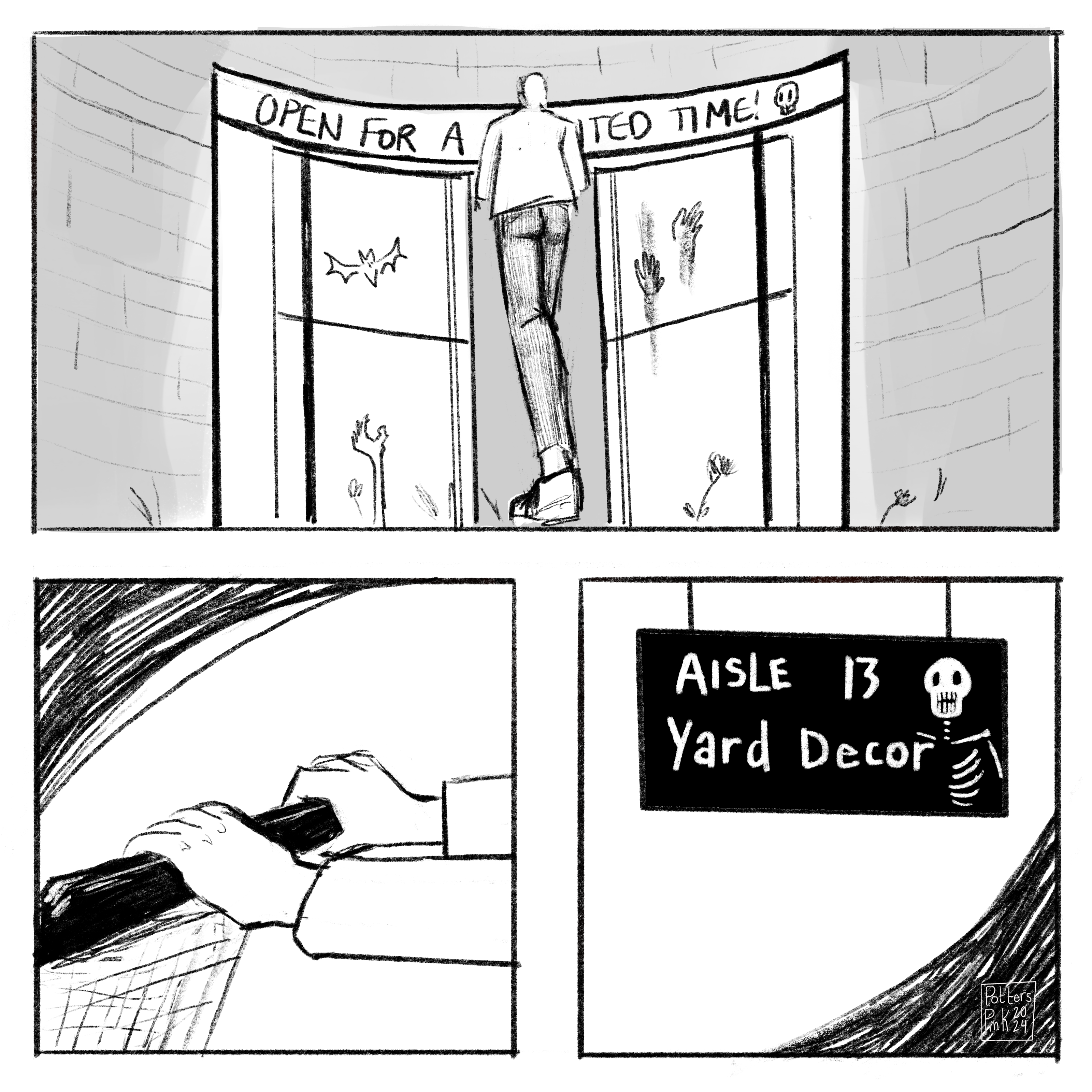 Steve walks into Spirit Halloween, which has a sign above the door reading "open for a limited time."  Steve grabs a cart and immediately heads to the yard decor section. 