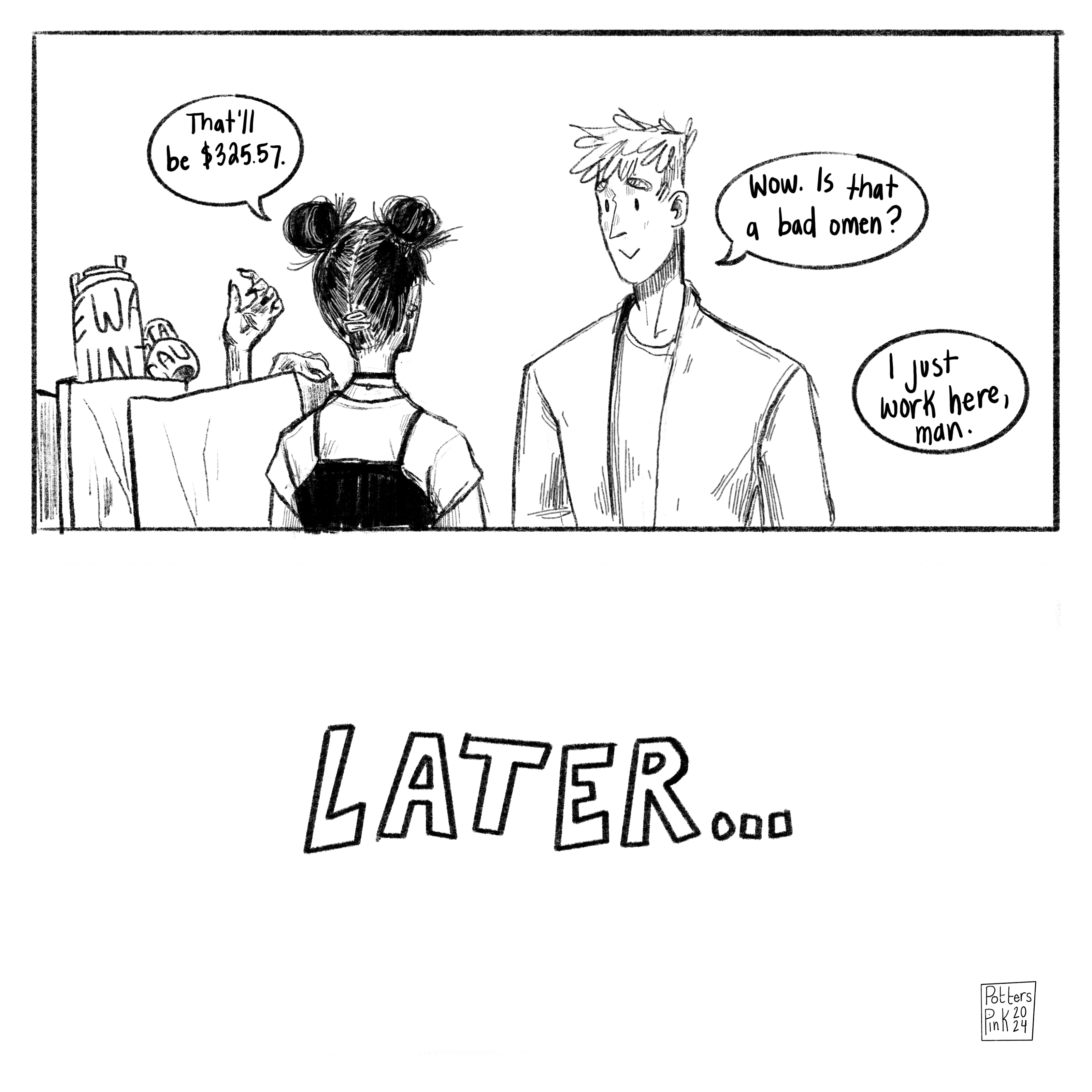 Steve's purchases cost $325.57. It's a bad omen, but Steve buys it all anyways. He heads home. 