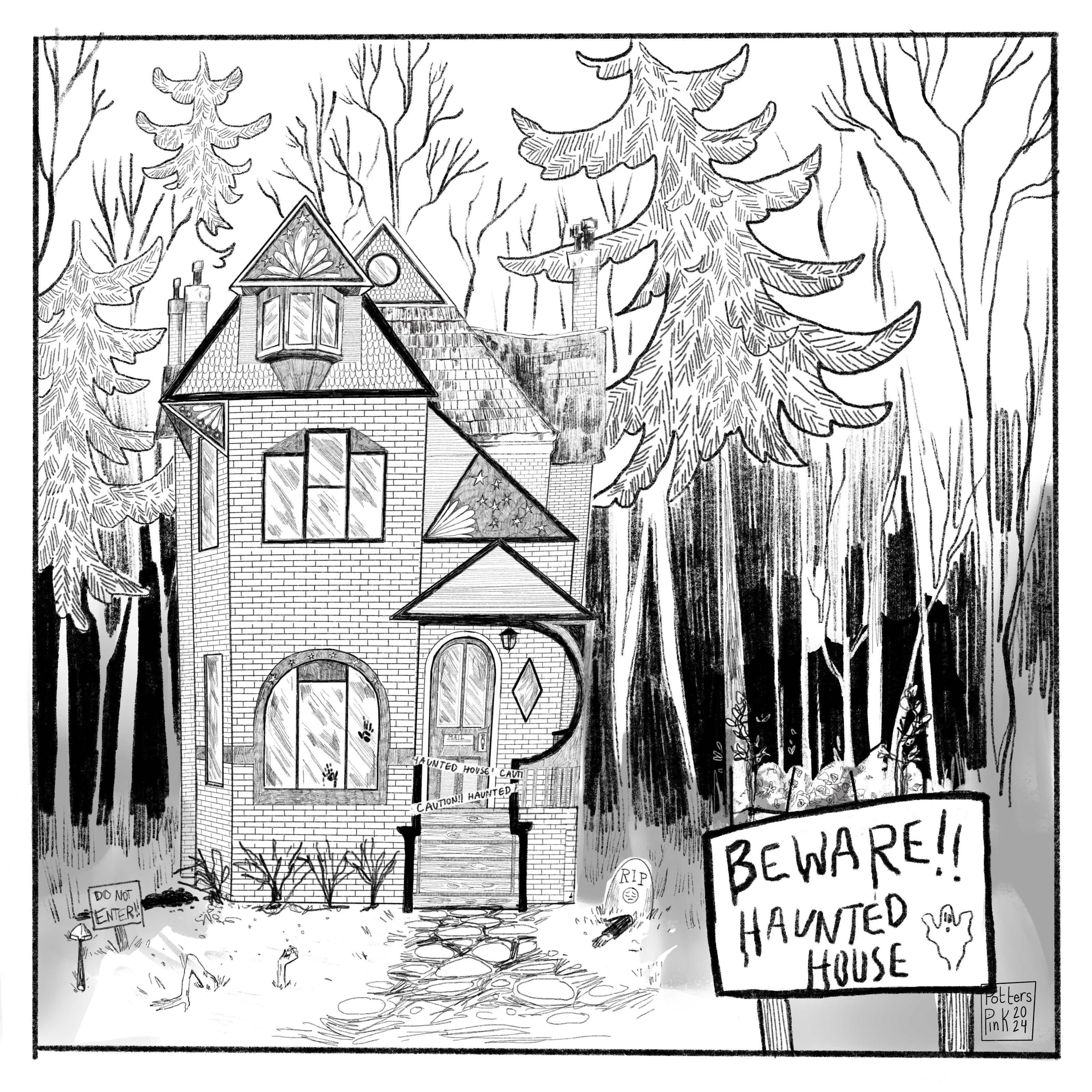 The house is fully decorated: there are zombie limbs coming out of the ground, except for the left arm in a dakr blue sleeve that looks mostly human. There are fresh graves and signs warning visitors that the house is haunted. There is caution tape on the front porch and bloody handprints in the windows. 