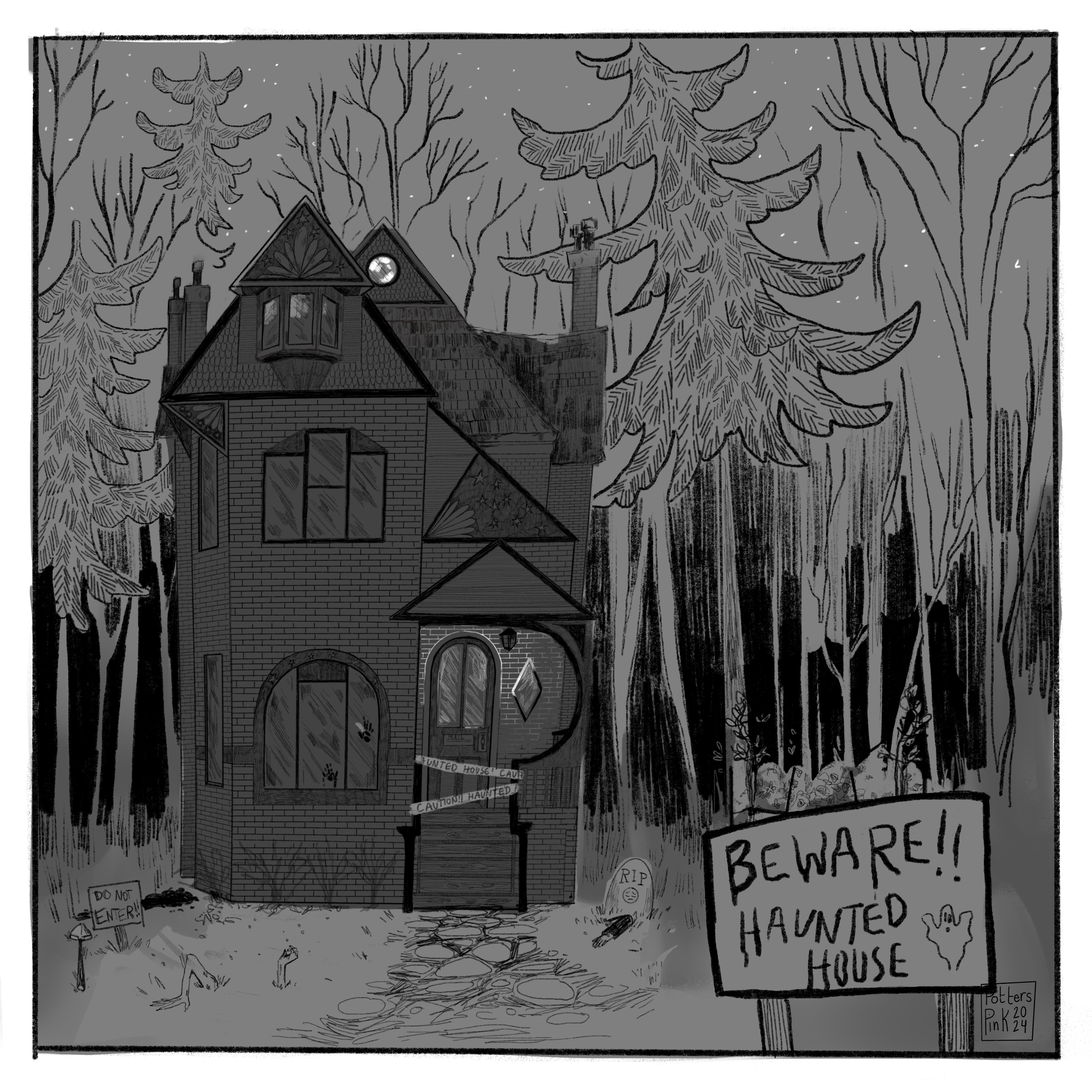 The same view of the house with all of its decorations, but at night. Hours have now passed. 