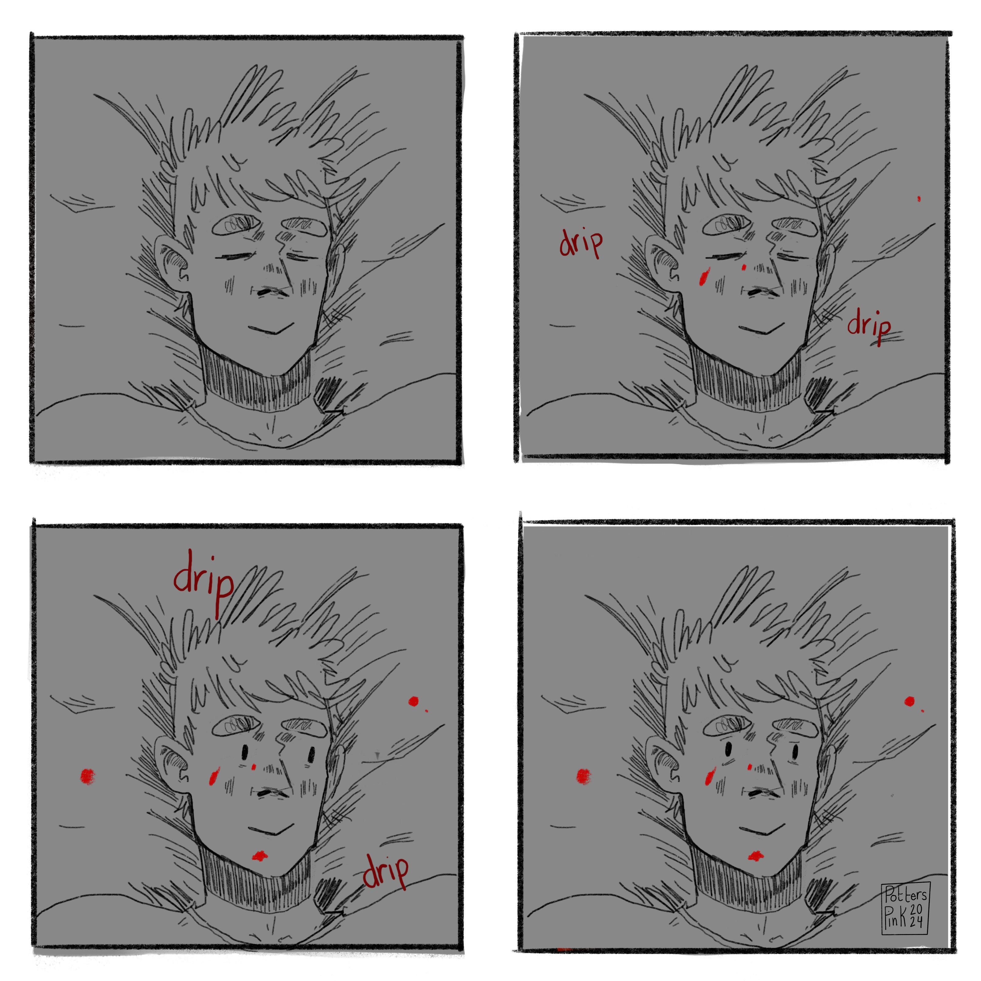 Steve is falling asleep with a smile on his face. But then red liquid starts to drip onto his face. He opens his eyes and turns to look at the ceiling. 