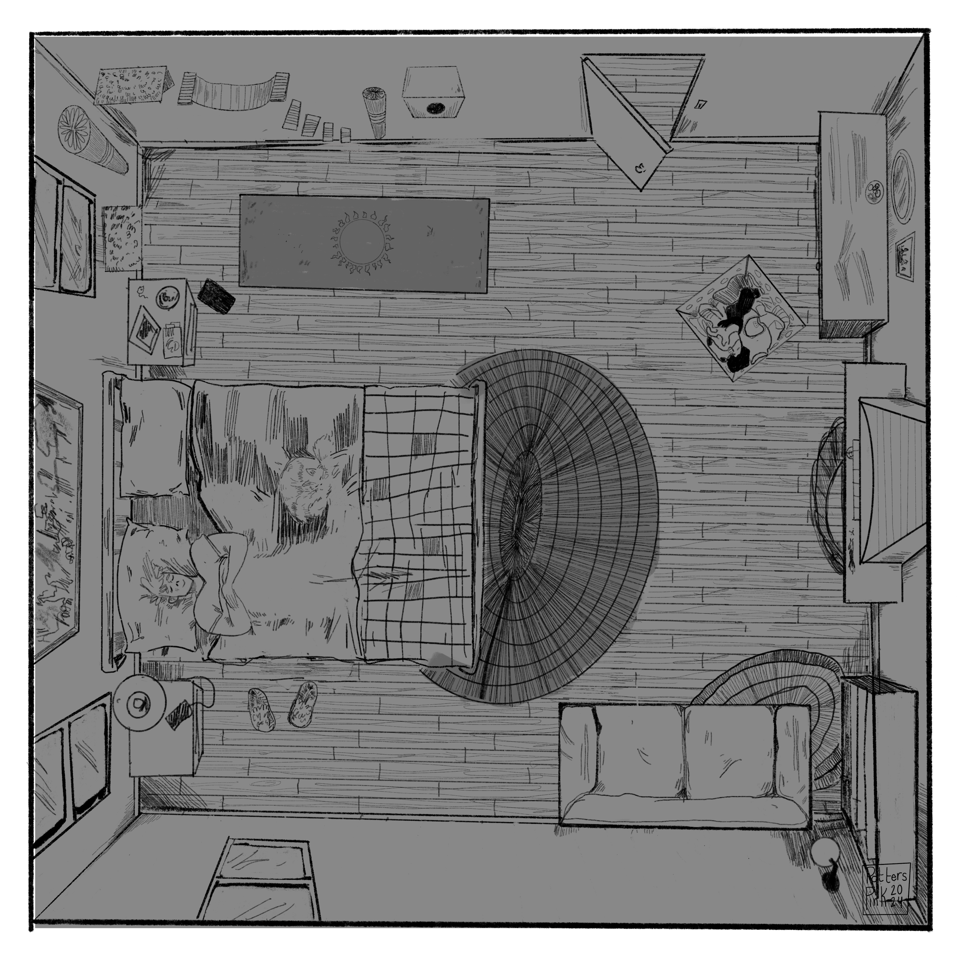 Steve is comfy in bed. The view of his bedroom is from a bird's point of view, so you can see how he has redecorated. The walls have been painted and there is art up on the walls. The single armchair by the book shelf has been replaced by a loveseat. There is a yoga mat on the floor on the other side of the bed. Steve does not do yoga. 