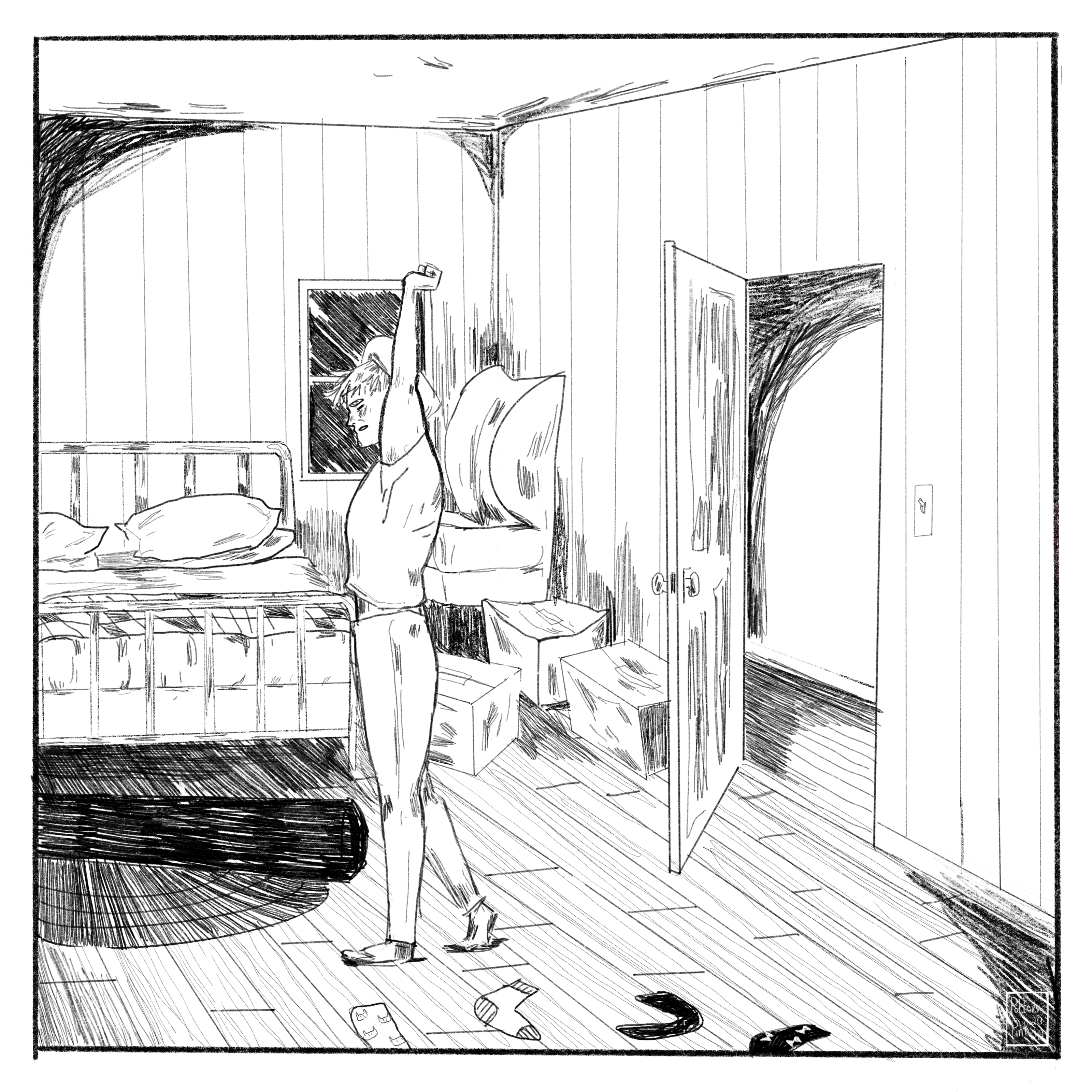 Page 3. Full page illustration of Steve walking into his bedroom, stretching his arms over his head. You can see a slip of his belly where his shirt rides up, and his face is scrunched. Of what you can see of his room, it’s a mess. There are boxes and clothes spread out on the floor. 