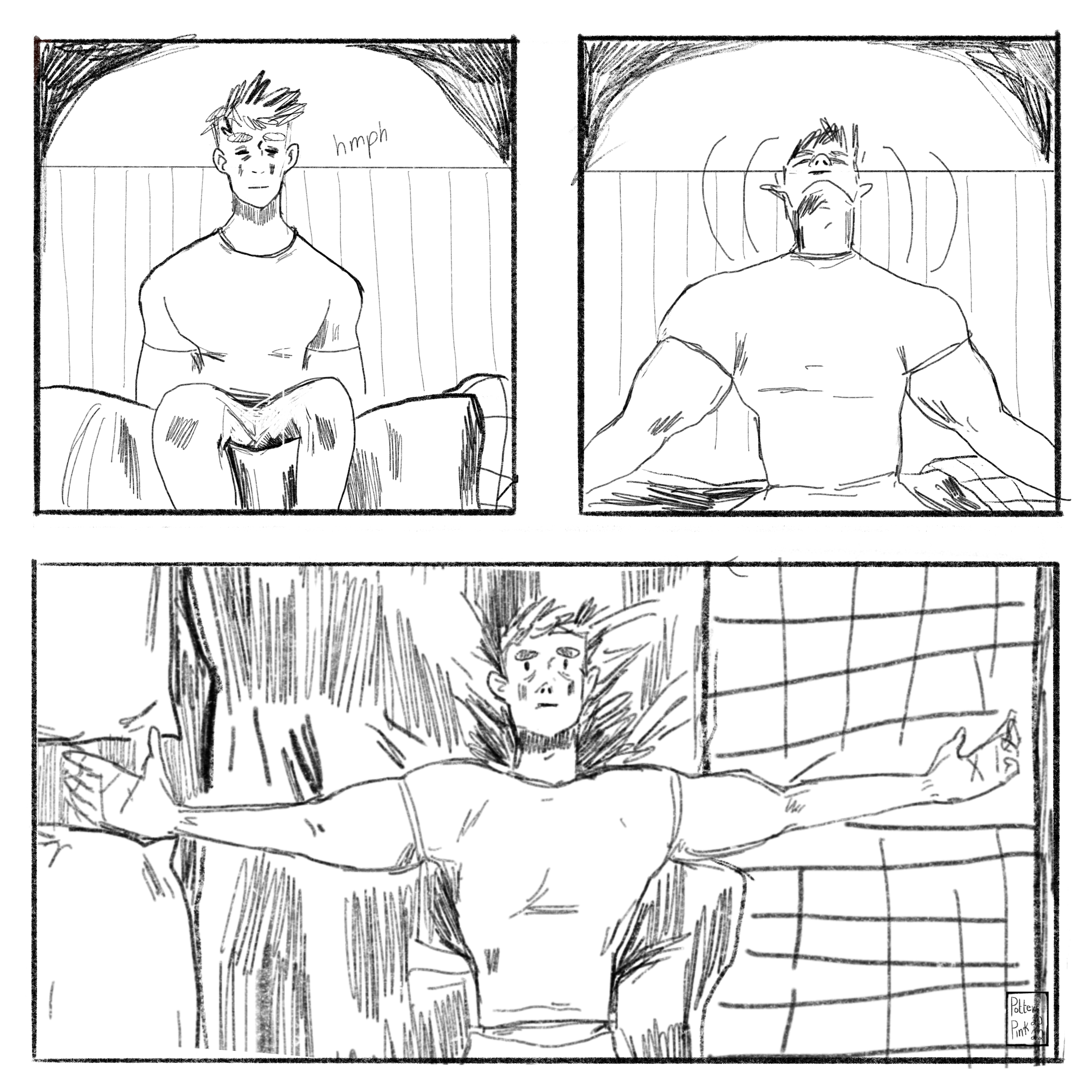 Page 4. Steve sits on the edge of his bed, and with a sigh he falls back with his arms spread. 