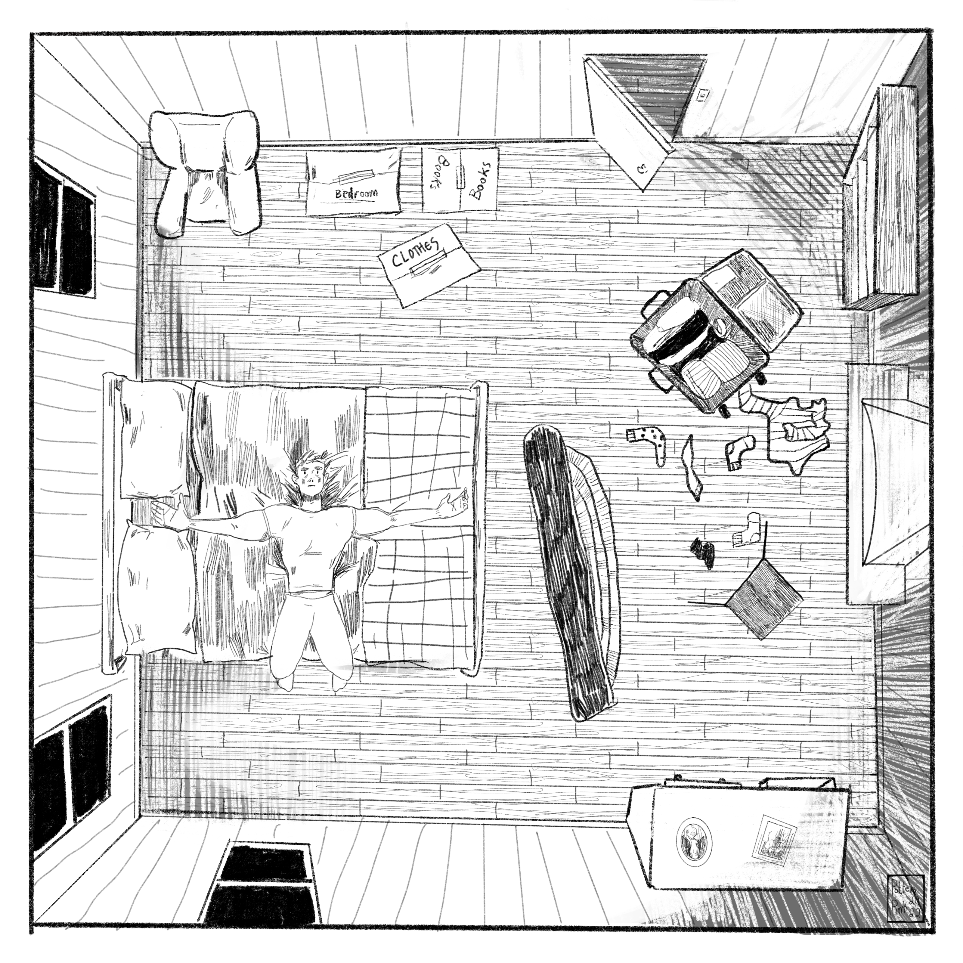 Page 5. A bird’s eye view of Steve’s room. Steve is lying on his back staring up at the ceiling. There are boxes, a suitcase and a rolled up rug on the floor. There is also a pile of loose socks spilled onto the floor from a tipped box. 