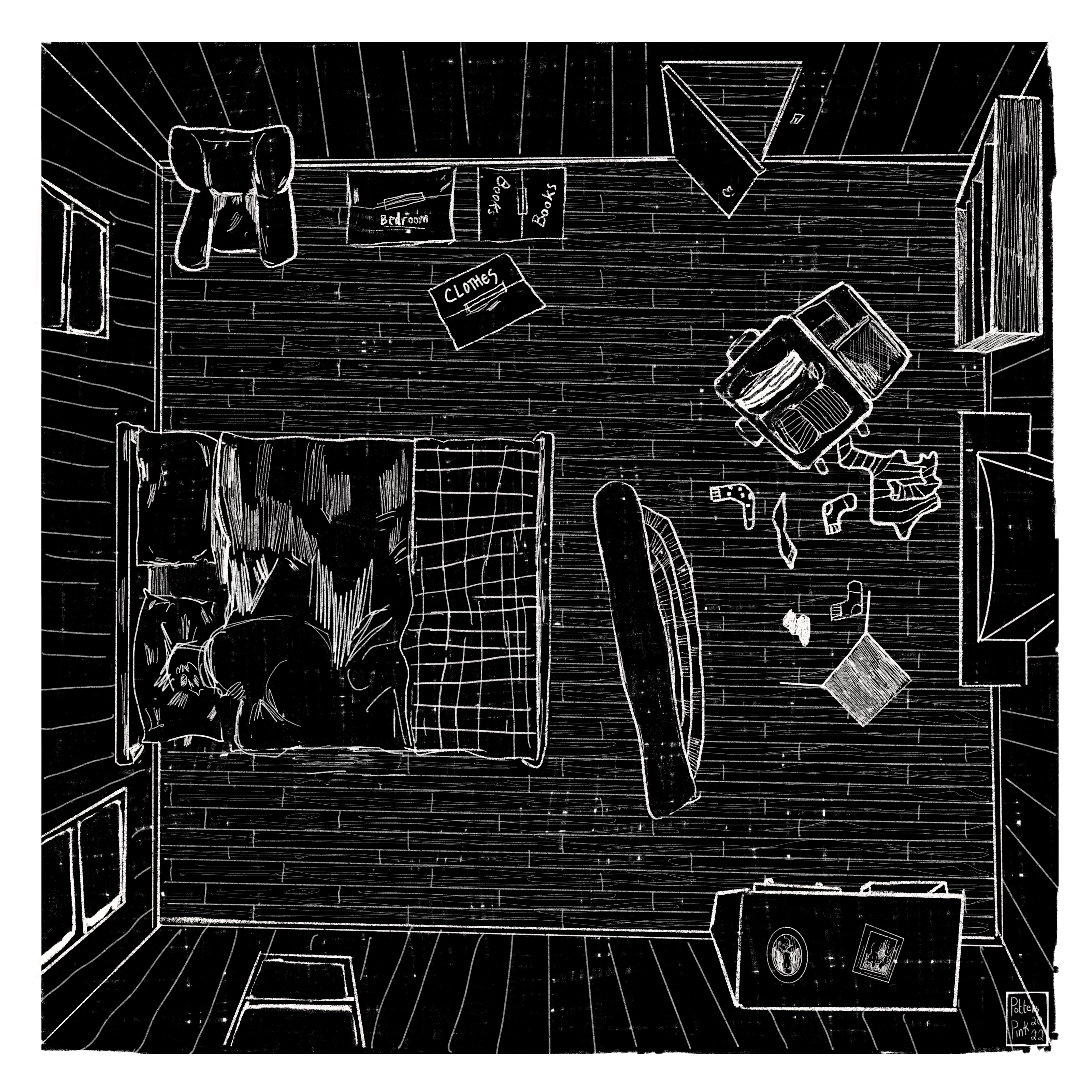 Page 7. Bird’s eye view of Steve’s bedroom again, with the lights off. Steve is in bed, curled up on his side and sleeping.