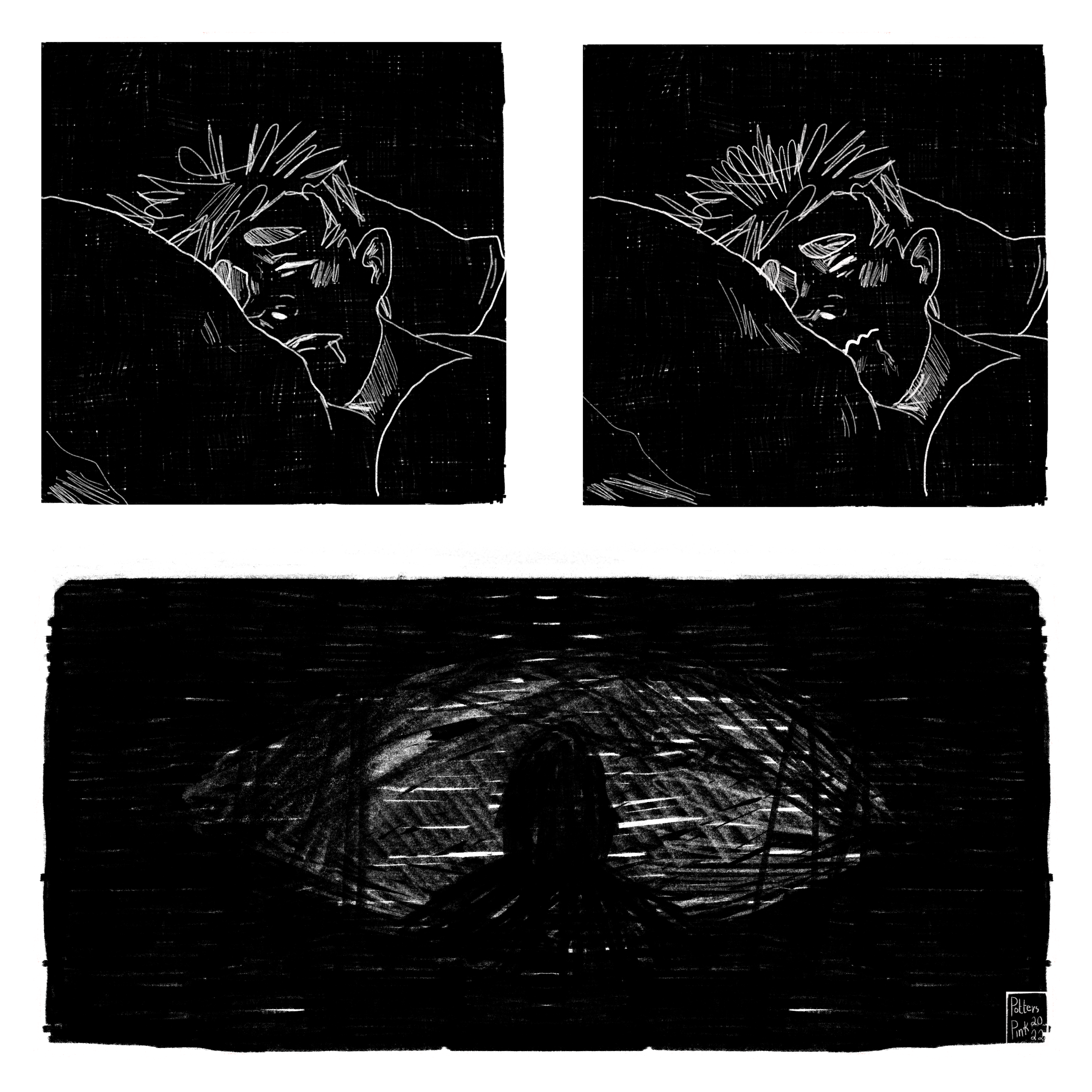 Page 8. The room is dark, Steve is fast asleep and drooling onto his pillow. He scrunches his nose and smacks his lips, starting to wake. Slowly he begins to open his eyes and sees a vague, dark shape begin to appear. 