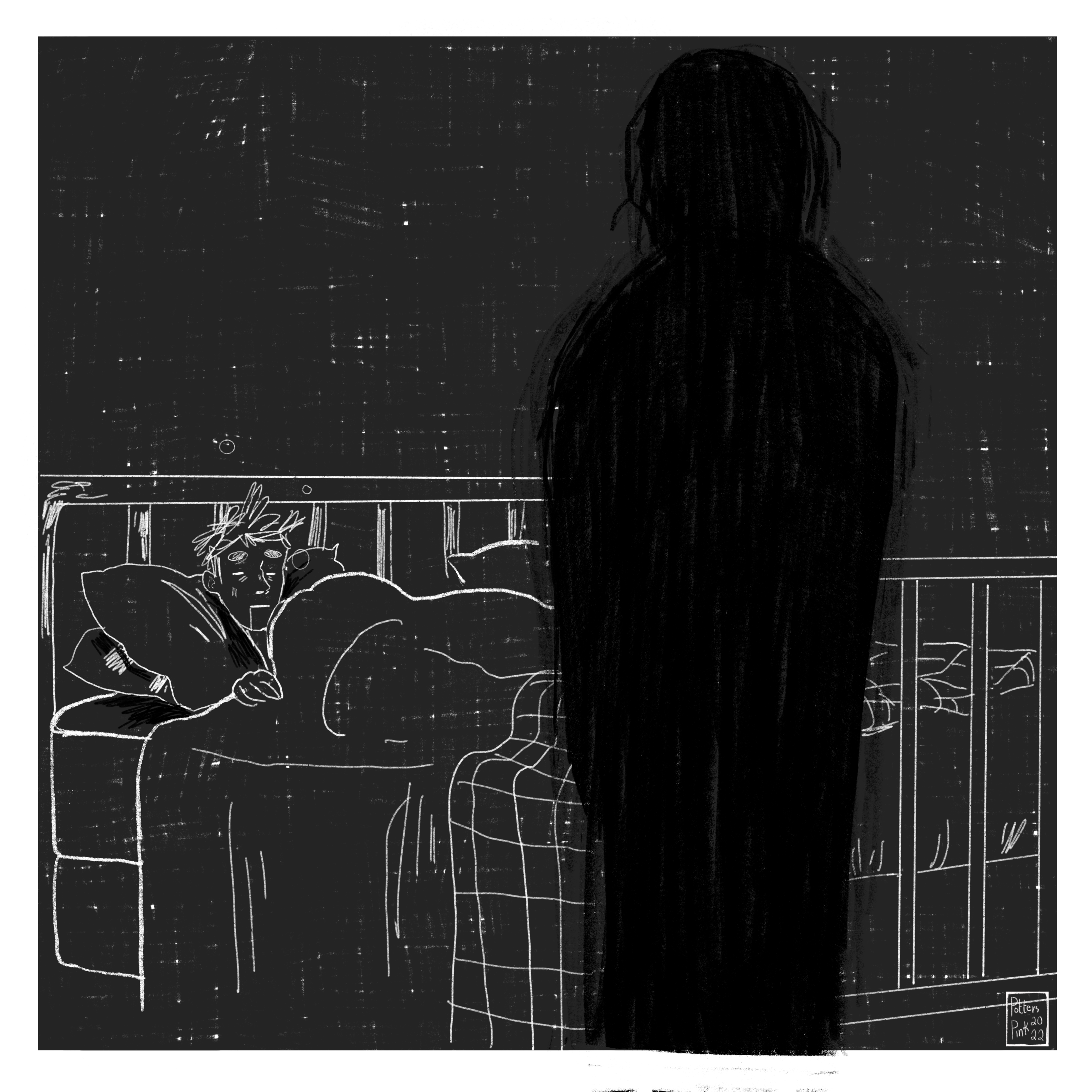 Page 10. Full page illustration of Steve in bed, blinking sleepily at the tall dark figure who is standing at the end of his bed, watching him.