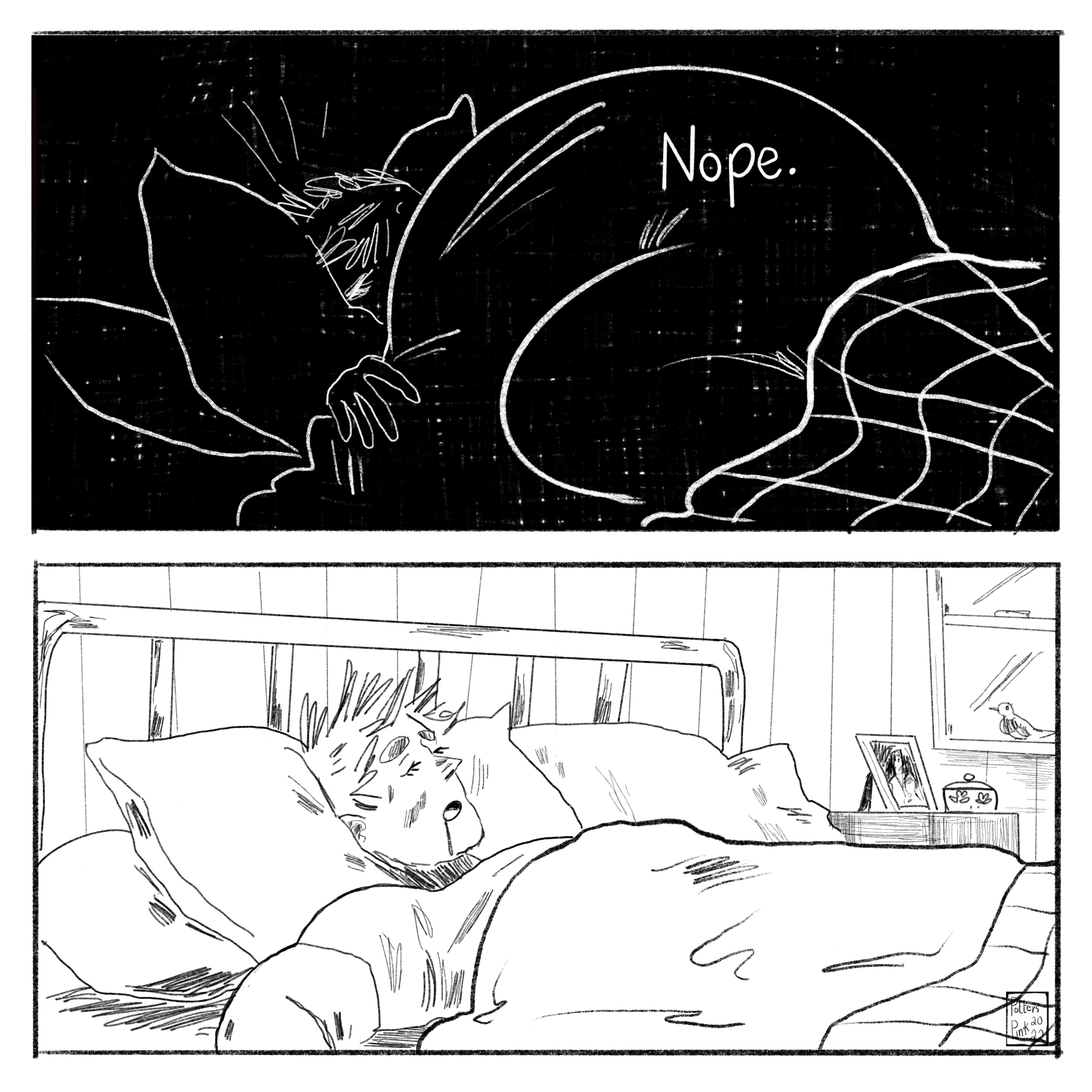 Page 12. Steve turns and dives back into his pillow, pulling the blanket up to his chin. He thinks, “NOPE.” He doesn’t want to deal with this right now. Cut to a few hours later. And the room is bright with morning light. Steve is sprawled across his bed, arm hanging off the edge of the mattress and is drooling once more. 