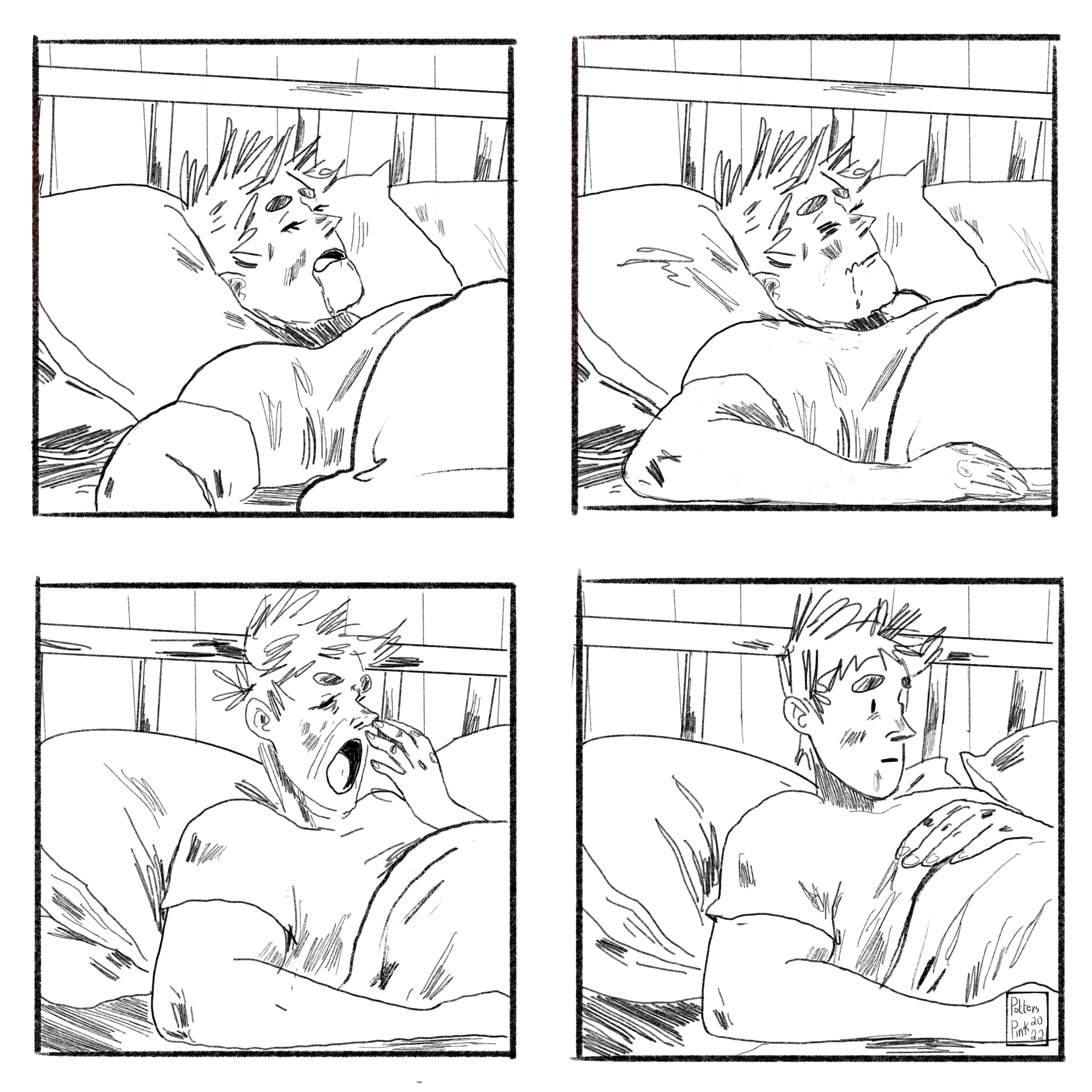 Page 13. Steve begins to wake up. He furrows his brow and scrunches his nose and yawns widely. He stops and stares at his room, surprised.