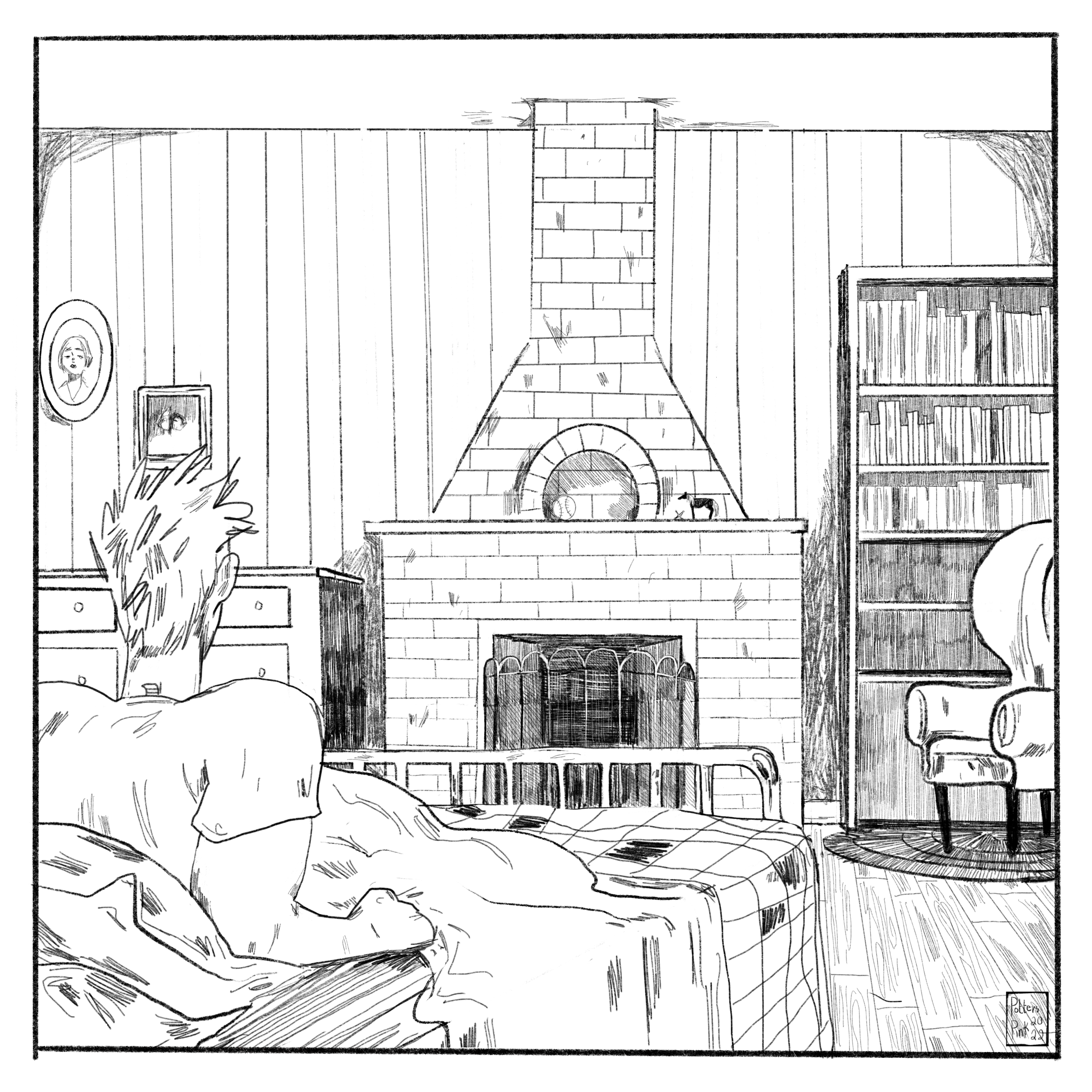 Page 14. Full page illustration of Steve’s room from behind him. Along the wall across from his bed, there are pictures hung on the wall, the fireplace has been cleaned and there are knick knacks on the mantle, and the bookshelf has been moved and is full of books. The armchair is in front of the shelf, and underneath the set is a rug that Steve does not recognize. 