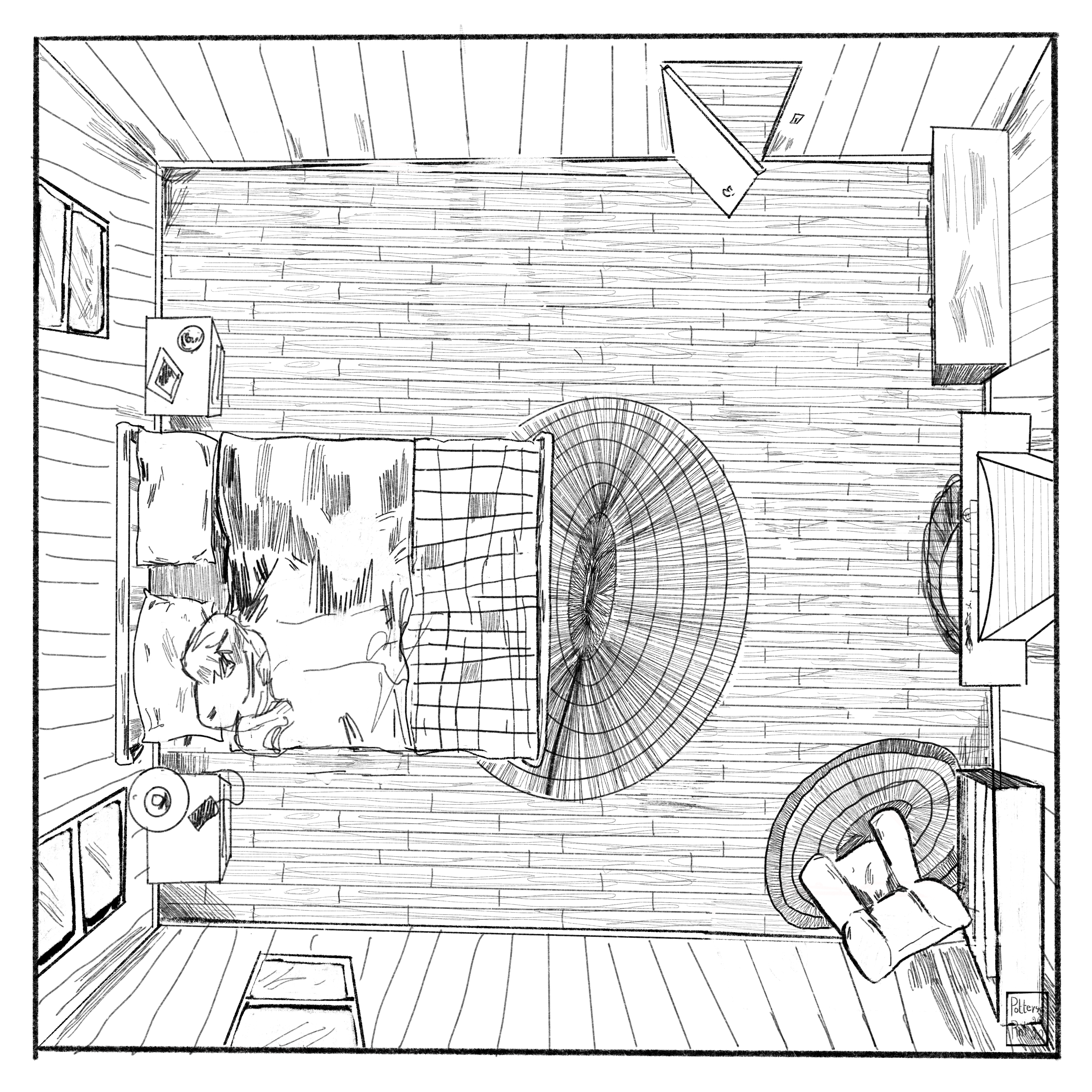 Page 15. Bird’s eye view of Steve’s newly cleaned and organised room. 