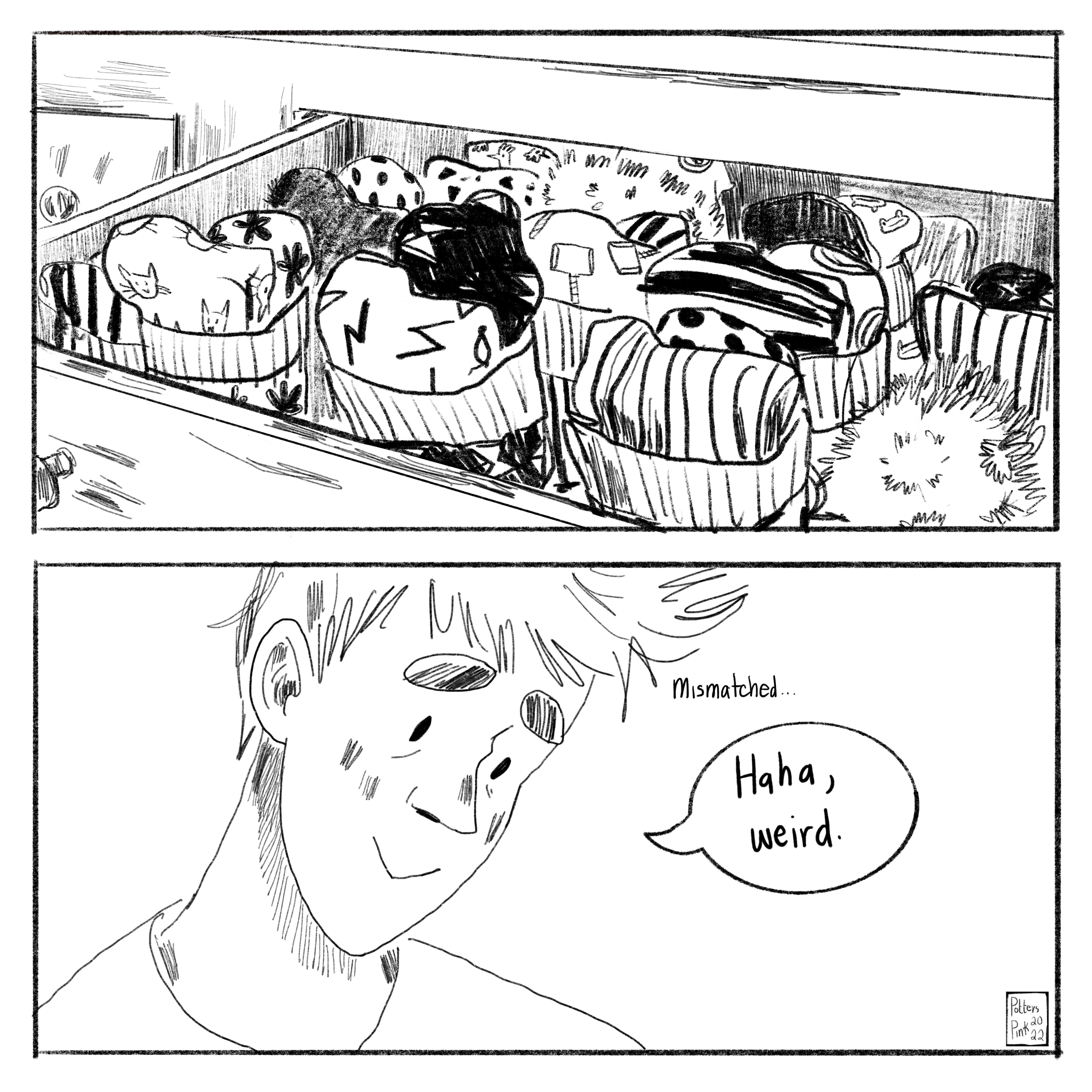 Page 18. Steve found his socks in the top right drawer of his dresser, but they have all been folded together in mismatched pairs. “Haha, weird,” he says to himself. THE END.