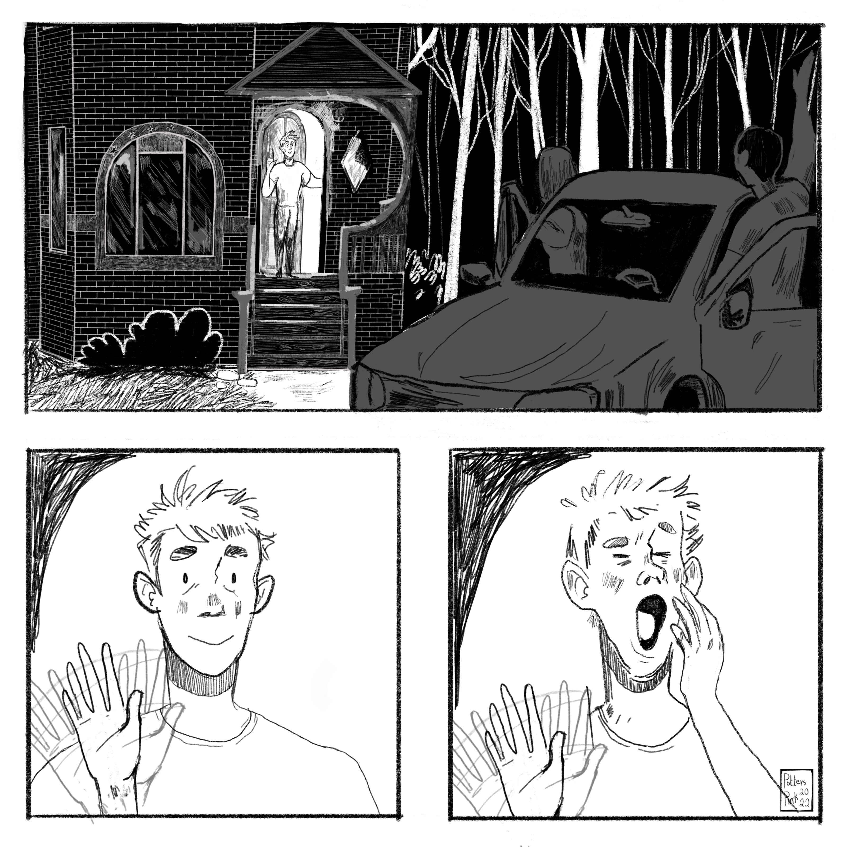 Chapter 2: Nope. Page 1. It’s night and Steve stands on his porch, backlit by the light from inside the house. He is waving goodbye to Sam and Natasha, who are getting back into Sam’s car. Steve yawns widely as he waves.