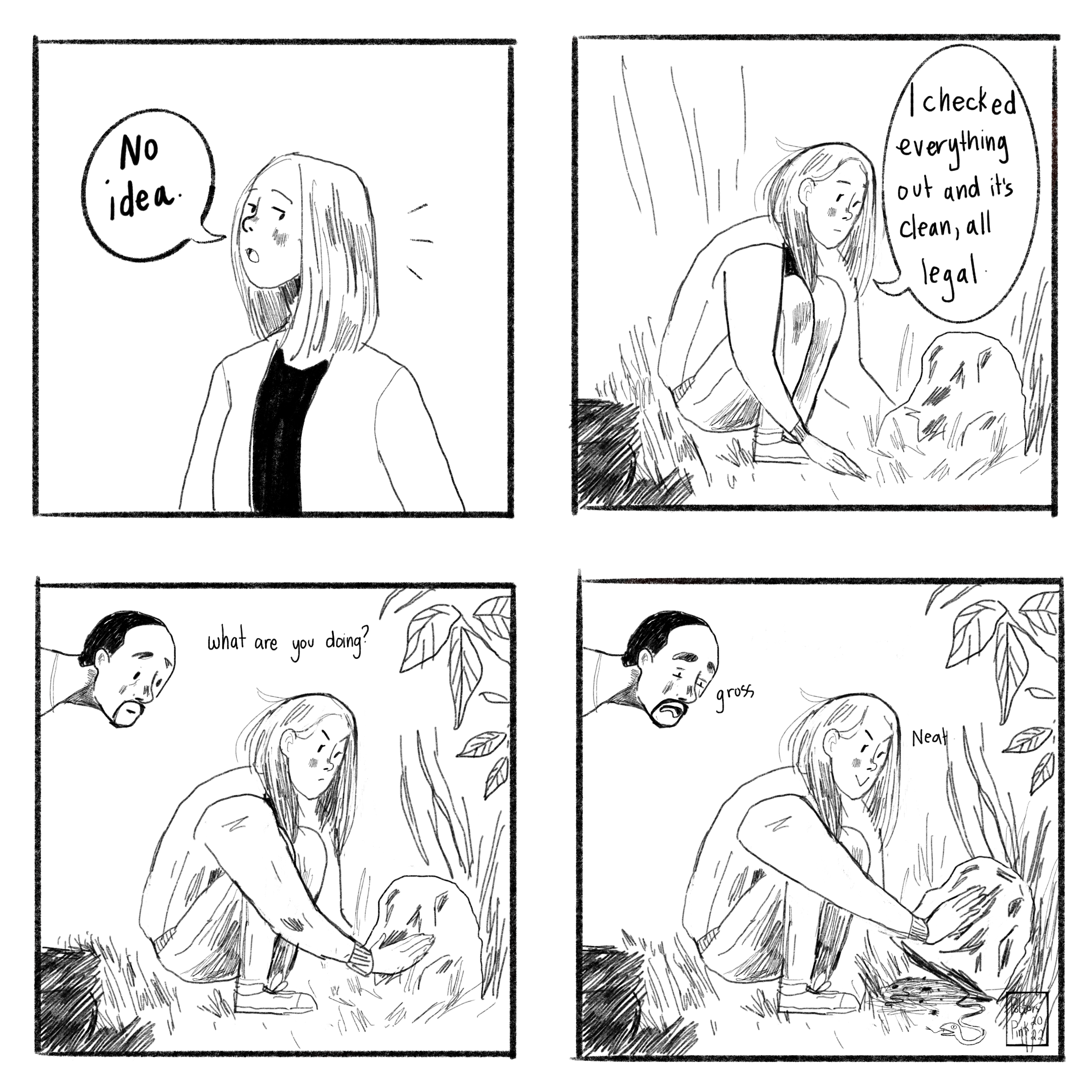 Page 2. Natasha replies, “No idea.” She notices a big rock and crouches down to poke at it. “I checked everything out and it’s clean, all legal.” She puts both hands on the rock as though about to lift it. Sam leans down and asks what she’s doing. Natasha does lift it, and a bunch of bugs and a snake crawl out. Natasha thinks it’s neat, but Sam cringes and says “Gross.”