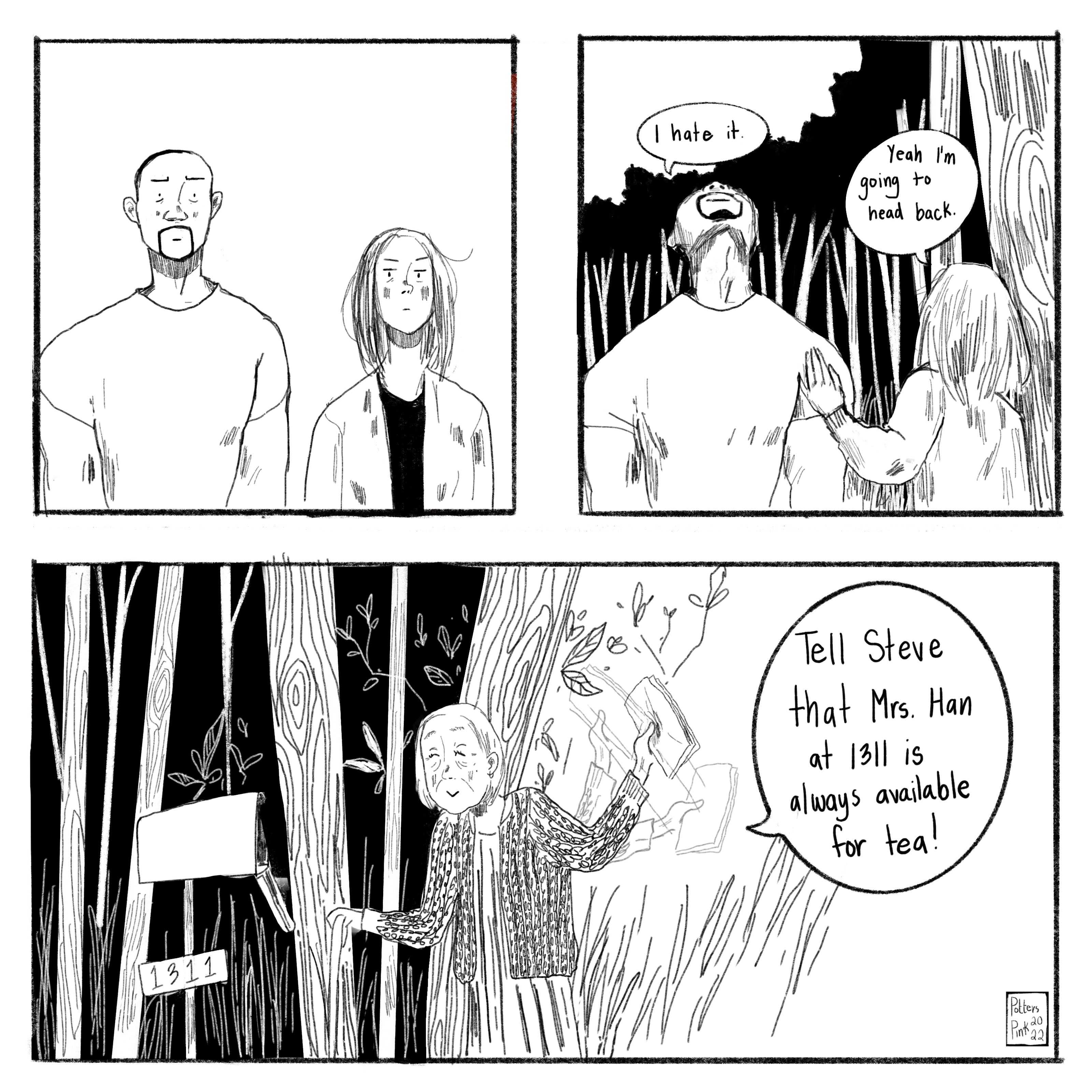 Page 7. Sam and Natasha stare at the neighbour incredulously, and with some concern. Sam tilts his head back and declares that he hates all of it. Natasha puts her hand on his shoulder and tells him she is just going to head back to Steve’s. Neighbour smiles pleasantly at them and waves, swinging her mail back and forth. “Tell Steve that Mrs. Han at 1311 is always available for tea!” END.