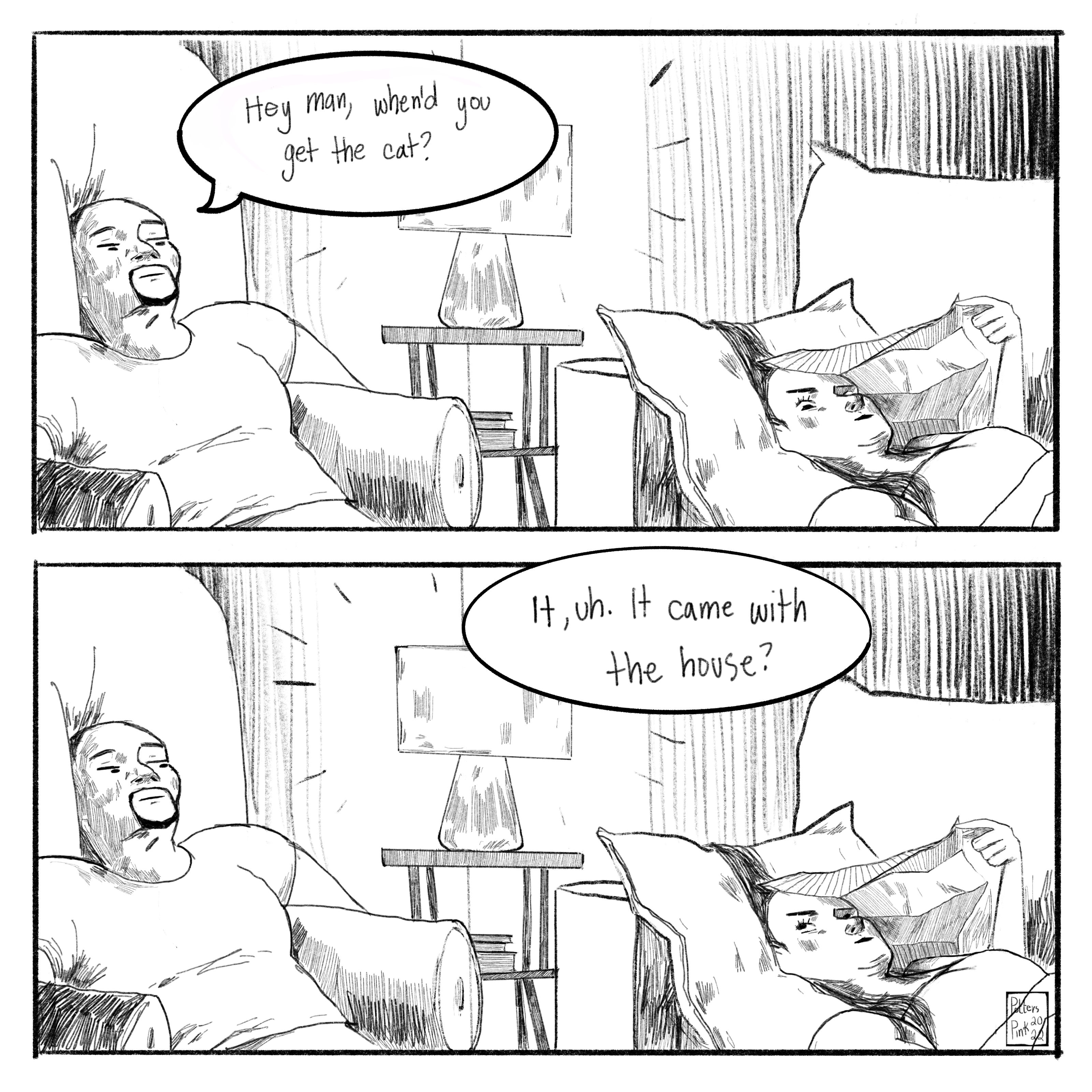 Page 3. Sam: “Hey man, when’d you get the cat?” Steve: “It, uh. It came with the house?” Sam and Natasha look at each other, and both decide that they’re just going to roll with it. END.