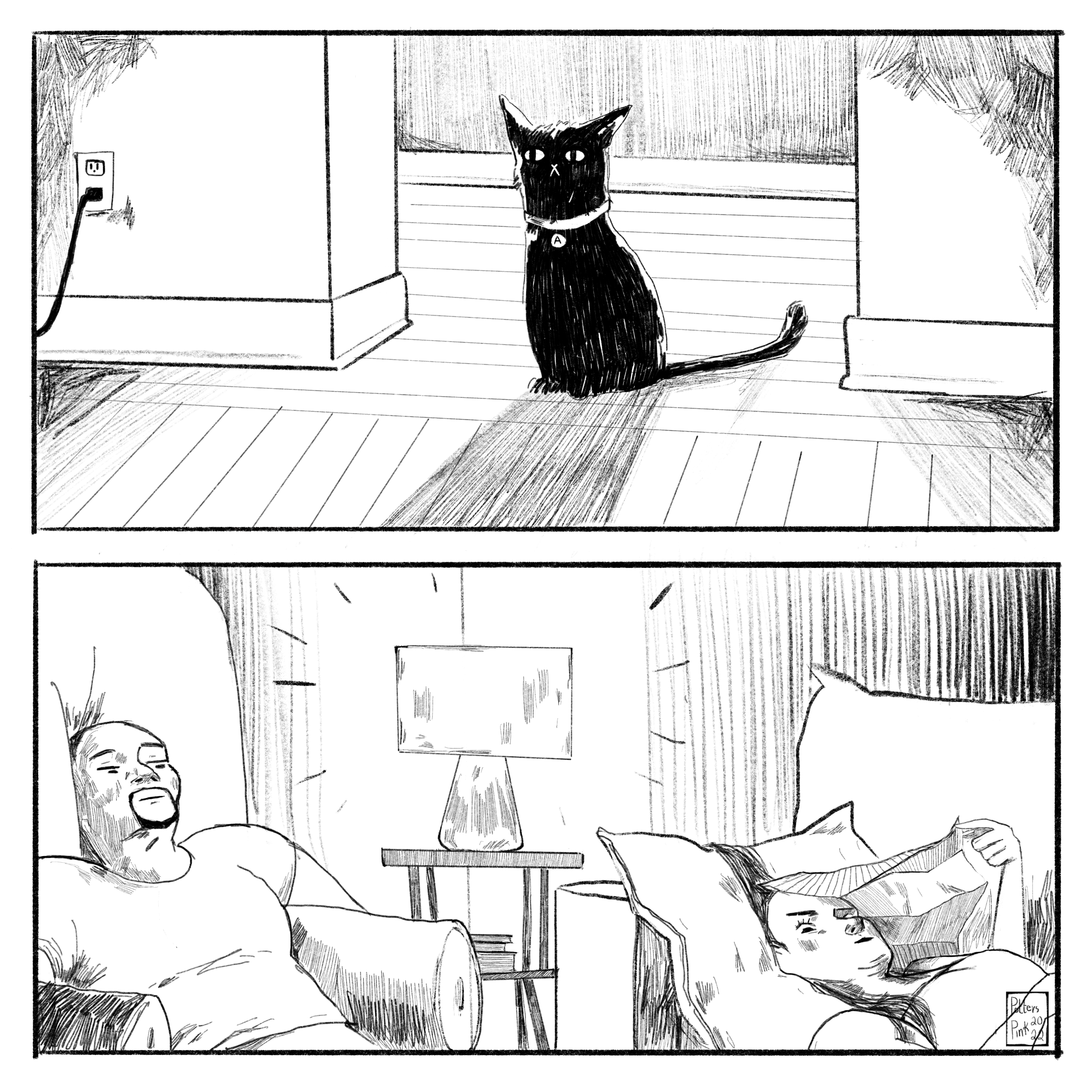 Page 2. A black cat stands backlit in the doorway. It stares at them with a blank expression, like a demon. Natasha peeks at it from under her napkin, and Sam stares down his nose. Neither seem to know what to do with this new addition.