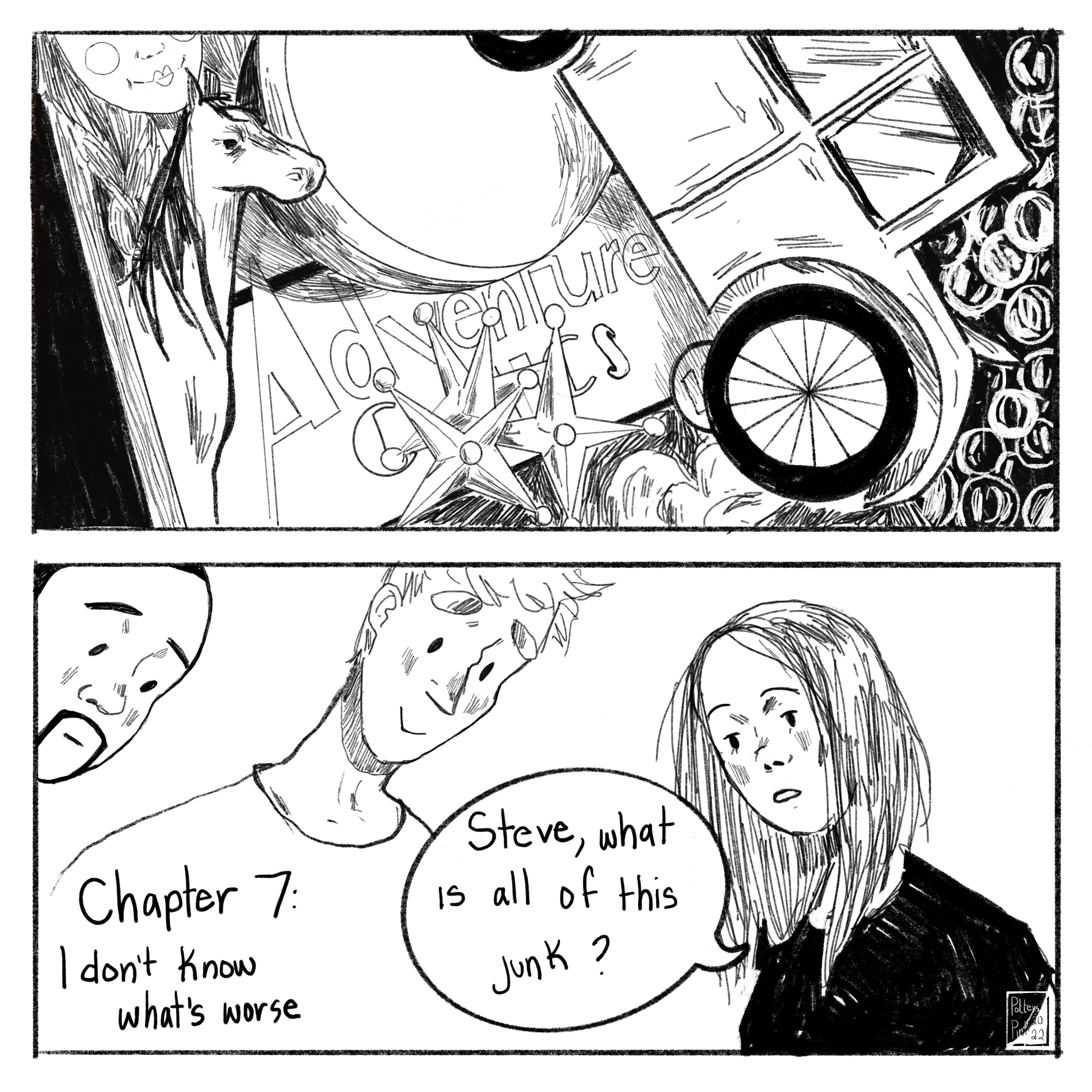 Page 1. Steve, Sam, and Natasha stare down into a box of antique toys and comic books.