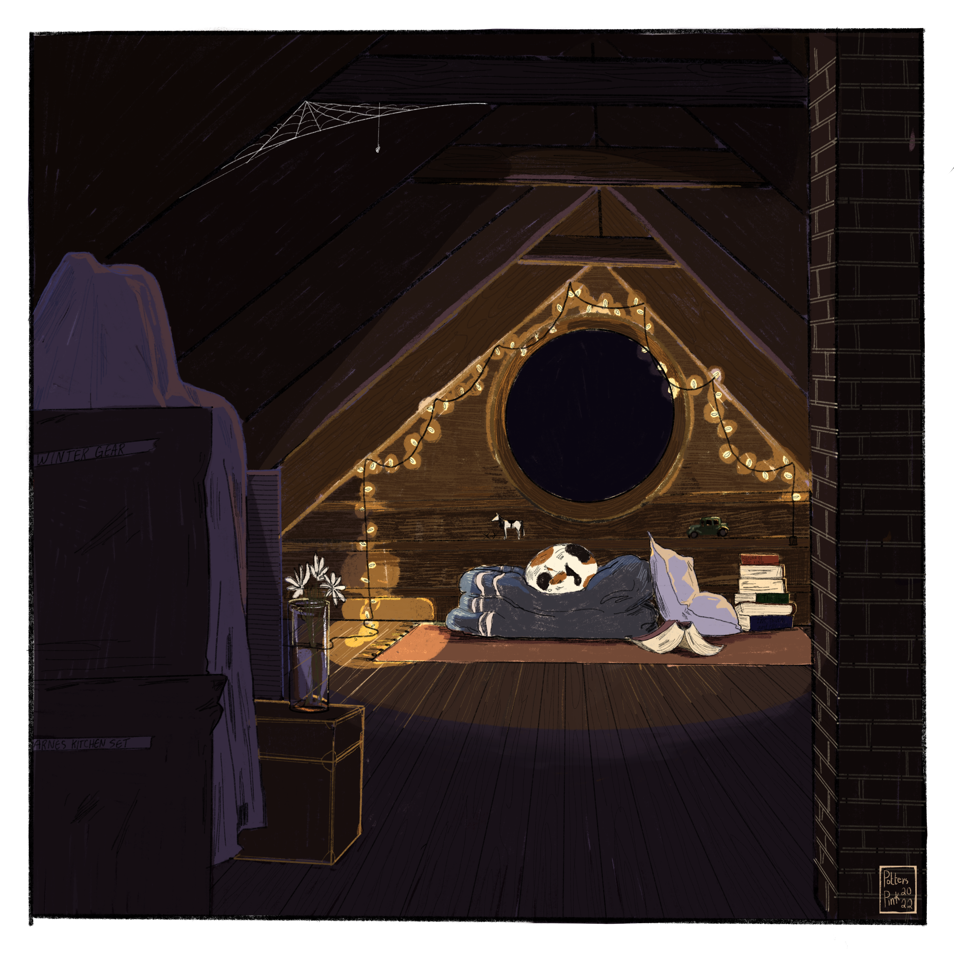 The attic is dark except for a string of warm white fairy lights strung above the circular window. There are jacks, a toy horse, and a miniature Ford model along a ledge under the window. There are blankets folded up and a pillow on a mat, with a calico cat curled up on top. Books are stacked everywhere, titles including The Hobbit, The Return of the King, and The Golem and the Jinni. Steve has left some flowers in a vase for his ghost, because they reminded Steve of him. This is where the ghost lives. 