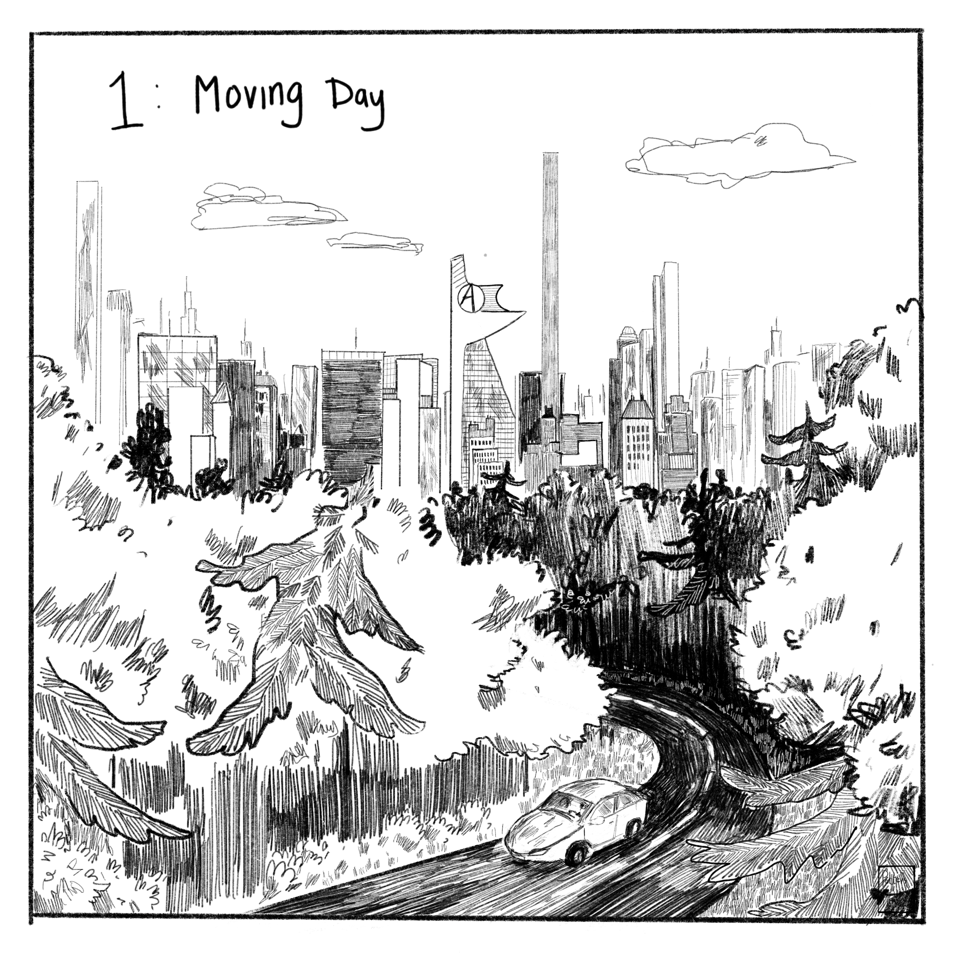 Page 1, chapter 1: Moving Day. Full page view of a car driving along a winding road in a forest. You can see the Manhattan skyline in the background. 