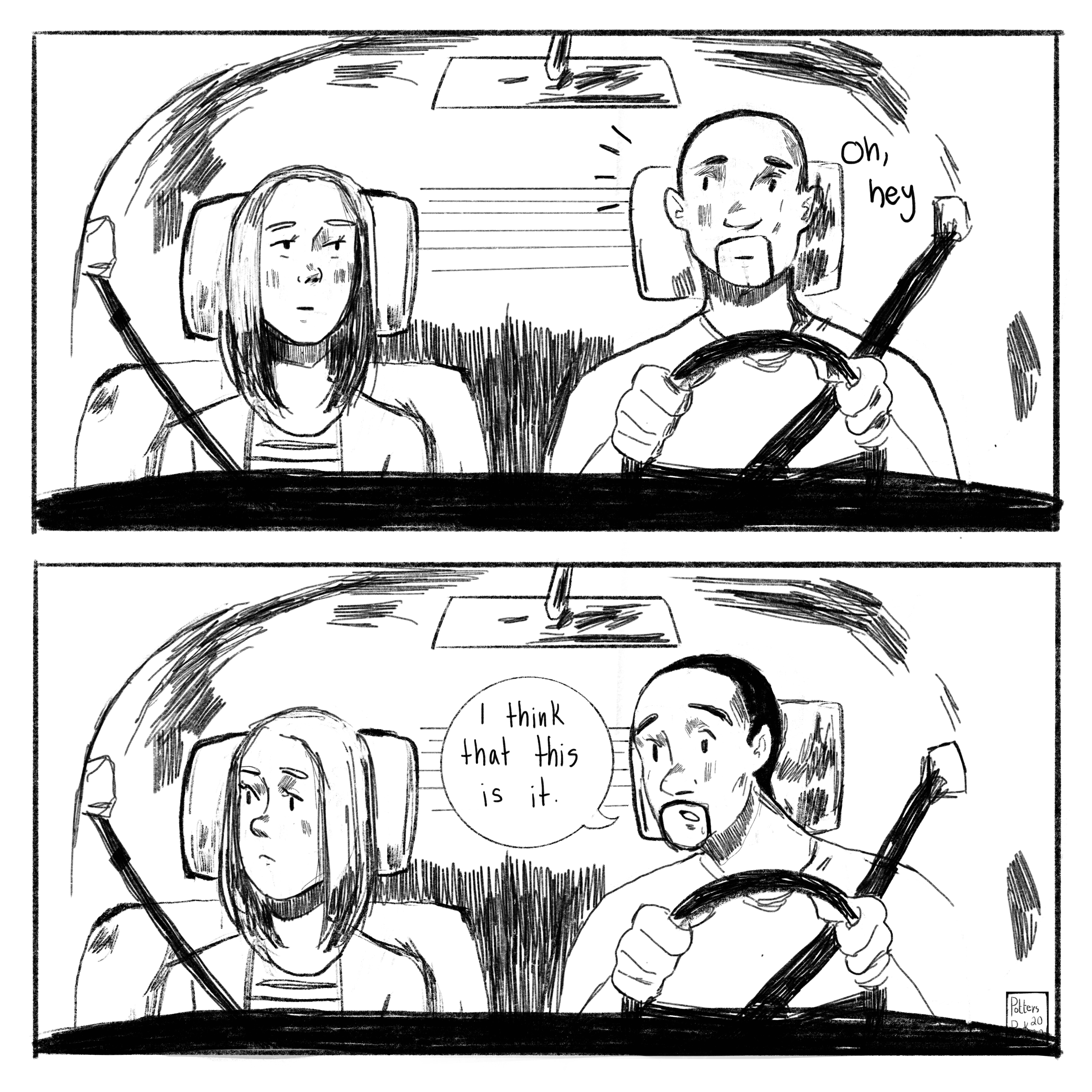 Page 4. Sam gets Natasha’s attention and leans away from his seat and into Natasha’s space, looking out the passenger window. He says “I think that this is it.”