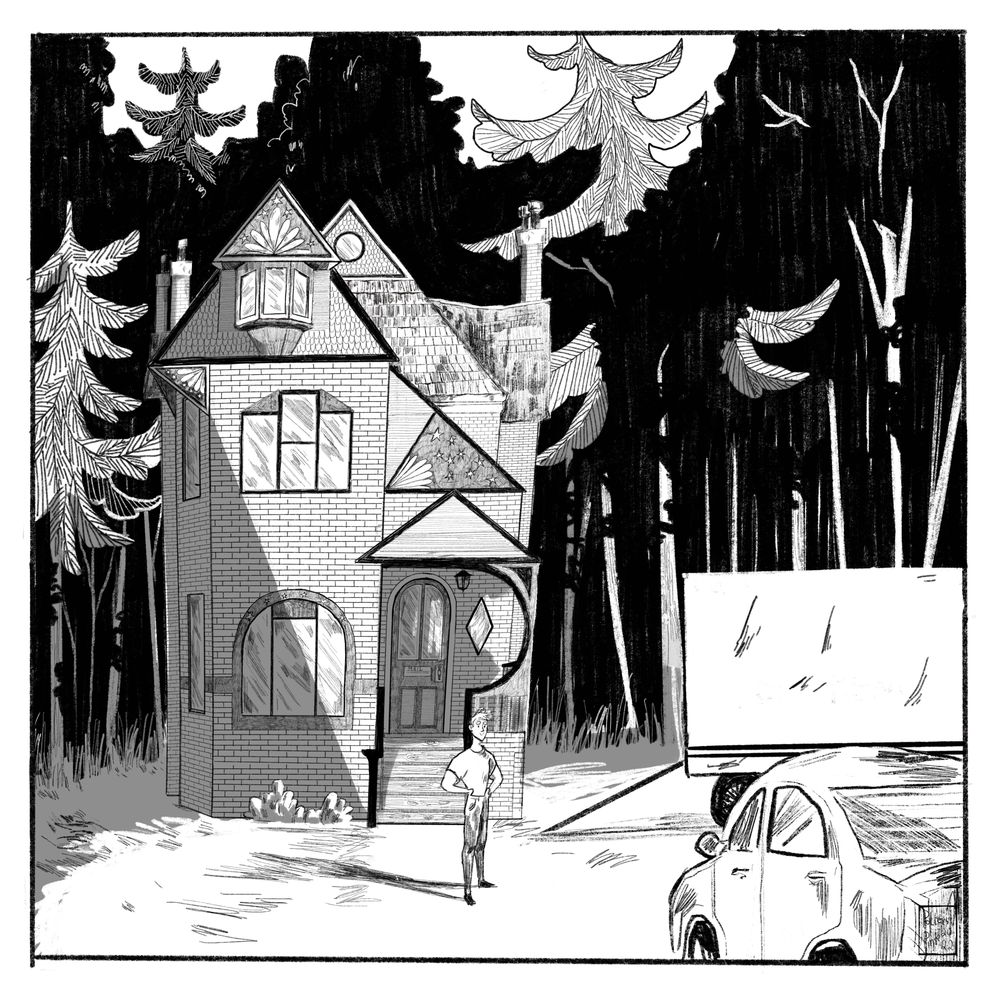 Page 7. Sam and Natasha pull into Steve’s driveway. There is a moving truck and ramp set up in front of the house, and Steve is standing close to it with his hands on his hips. He is smiling at them. Behind him, the house looms, tall and narrow and made of brick. There are a lot of windows, all different sizes and shapes. The yard is surrounded by trees, all tall and leaning in.