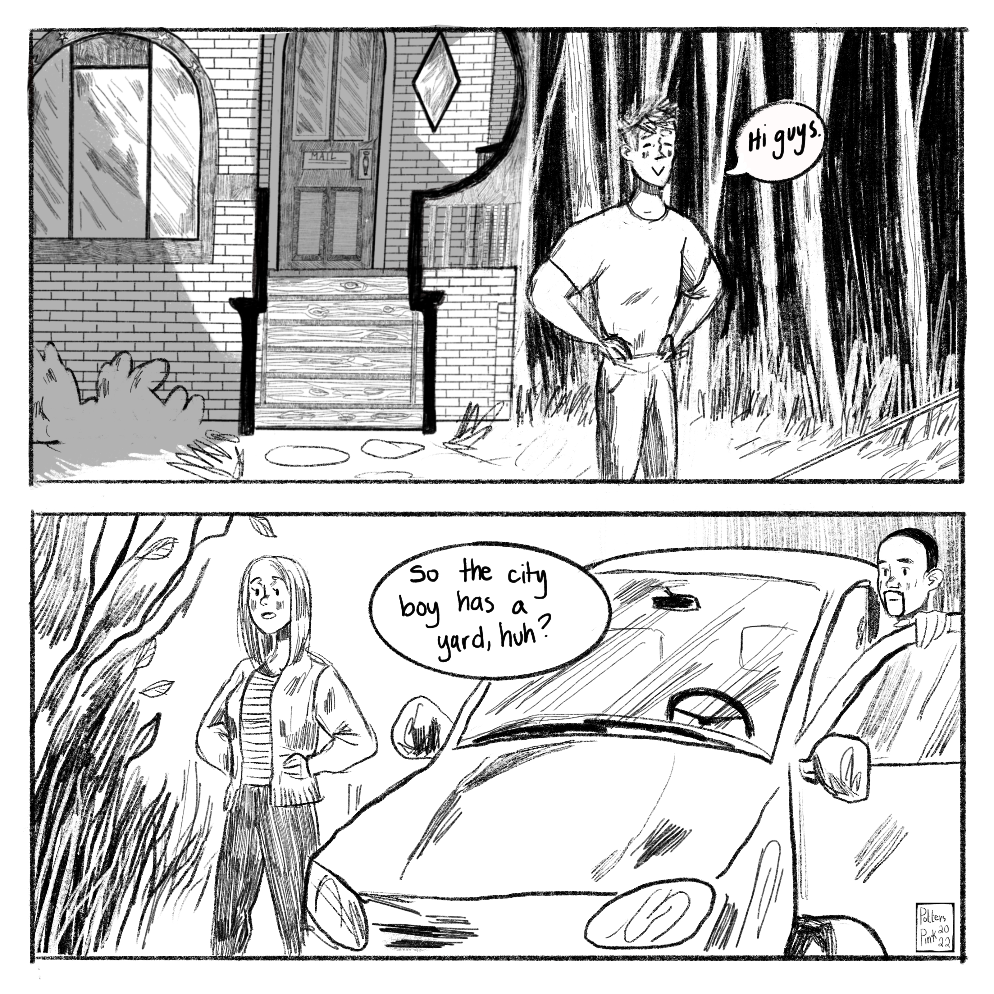 Page 8. Steve calls hello, still standing in front of the house. Sam and Natasha get out of the car, and Natasha says “So the city boy has a yard, huh?” while walking up to Steve.