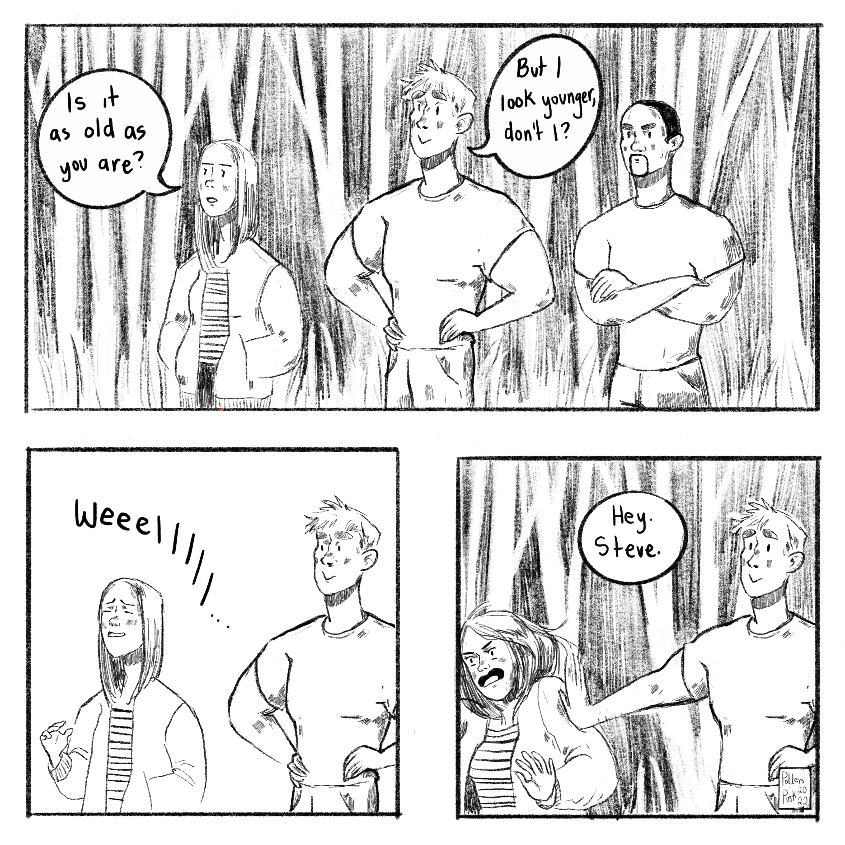 Page 9. Natasha asks, “Is it as old as you are?” Steve smiles and responds “But I look younger, don’t I?” Natasha grimaces and makes a seesaw motion with her hand. She says “well,” and drags out the word so that it sounds like she is disagreeing with him. Steve shoves Natasha hard, and she falls over with a shocked expression. From out of sight, Sam calls Steve’s name.