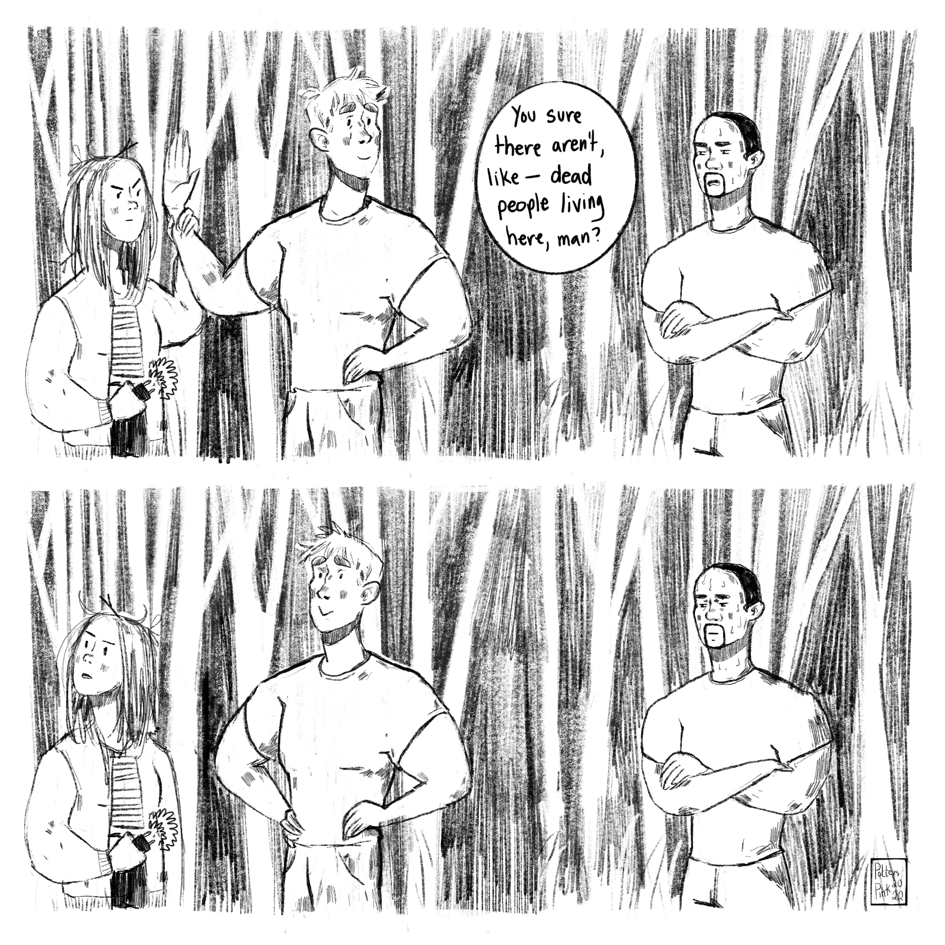 Page 10. Natasha has the arm Steve shoved her with held tight and she is threatening him with a taser. They both look at Sam, who asks: “You sure there aren’t, like — dead people living here, man?” Steve and Natasha both look back to the house. Sam begins to sweat, nervous.