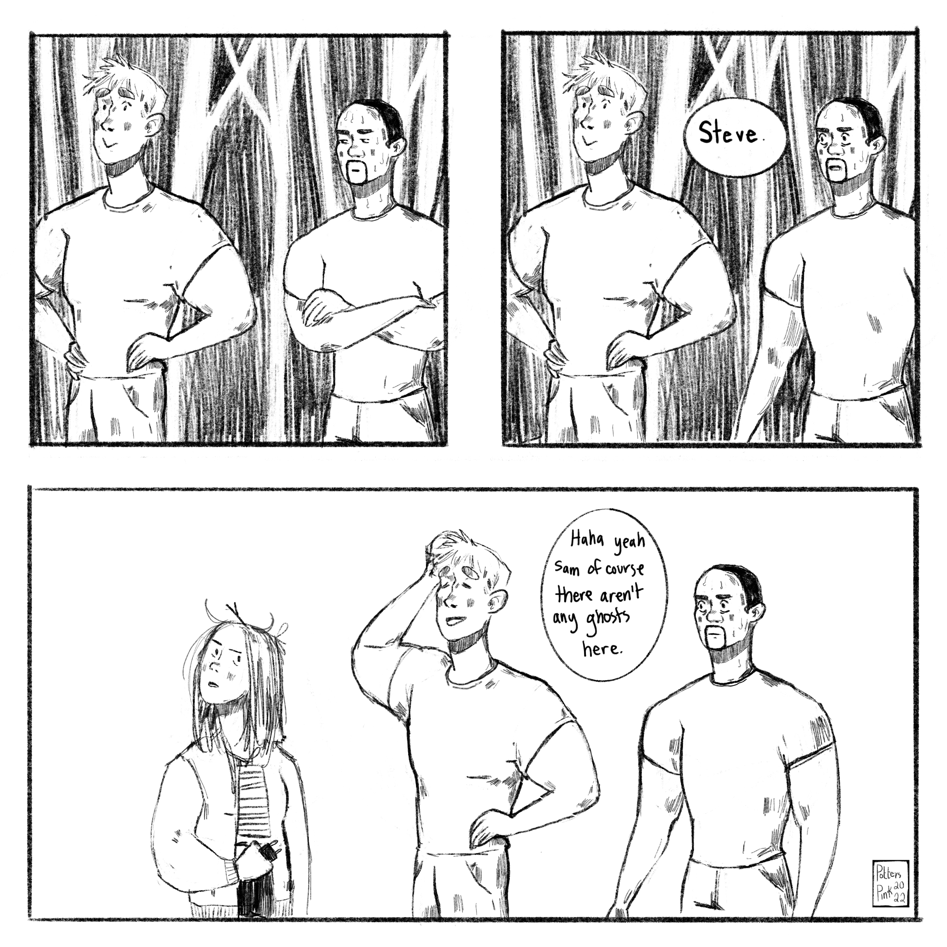 Page 11. Steve doesn’t respond, and Sam gets more and more nervous. He sweats more until he has to call Steve’s name again. Steve laughs, looking sheepish. Natasha and Sam both stare at him incredulously. “Haha yeah Sam of course there aren’t any ghosts here.”