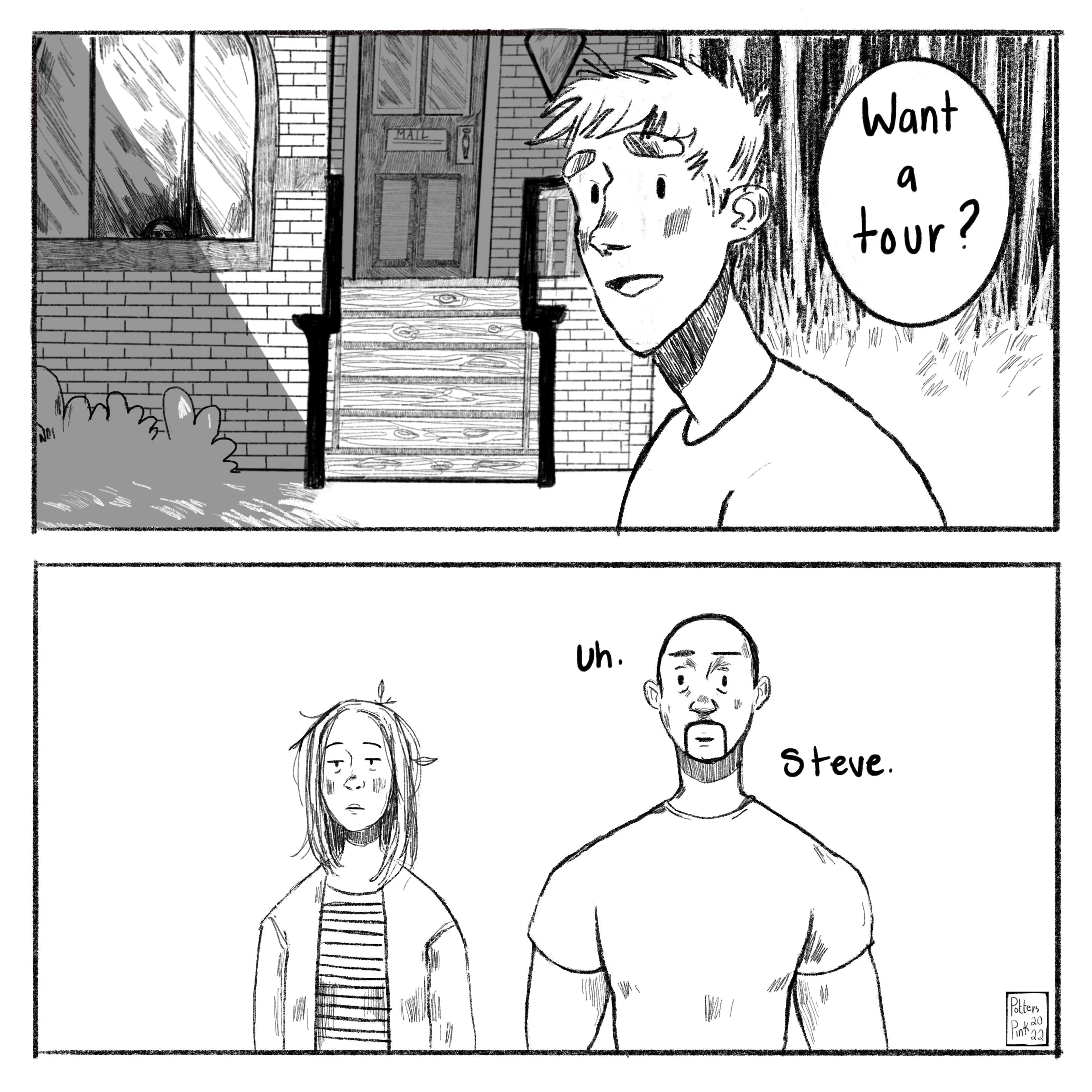 Page 12. Steve steps towards the house but turns back to look at Sam and Natasha. Steve asks them if they want a tour, and in the corner of the largest front window of the house, you see a dark, shadowing face watching them. Natasha doesn’t look impressed, and Sam tries to point it out to Steve, to no avail. 
