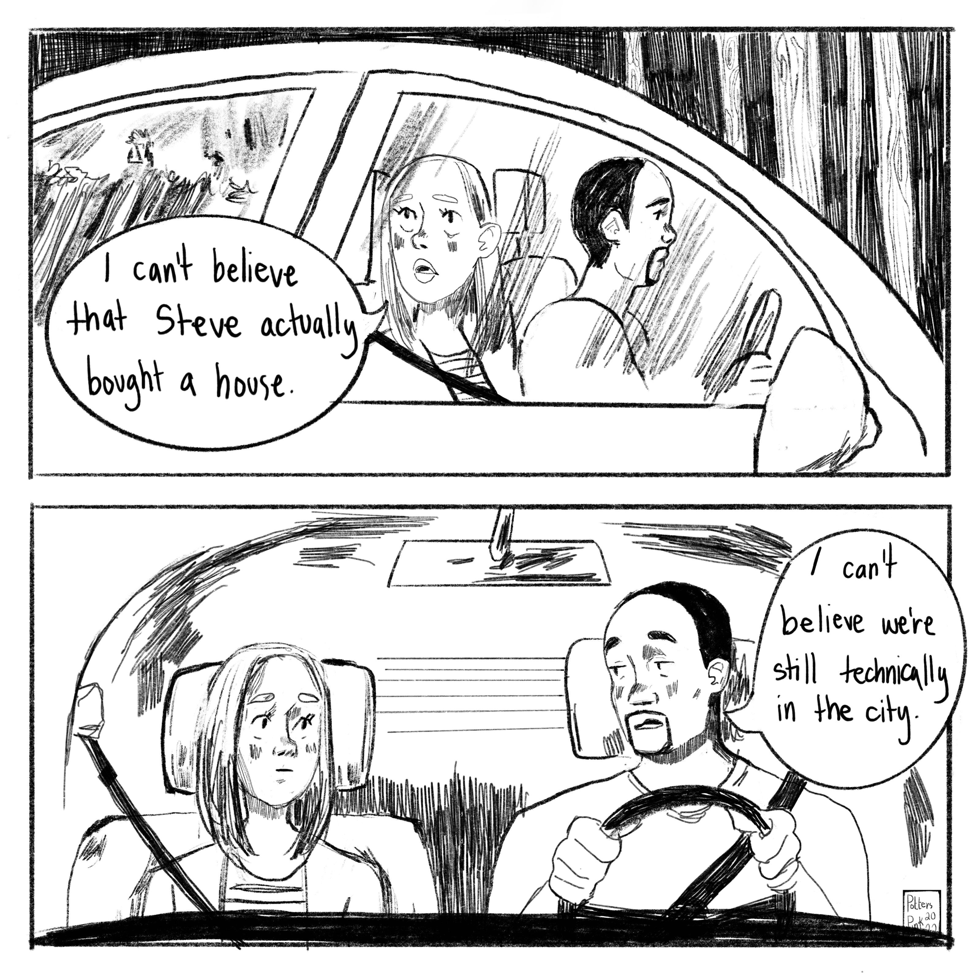 Page 2, Sam and Natasha are in the car. Sam is driving. Natasha looks out the passenger window at the towering trees and says, “I can’t believe Steve actually bought a house.” Sam looks over and replies with an incredulous look and tone, “I can’t believe we’re still technically in the city.”